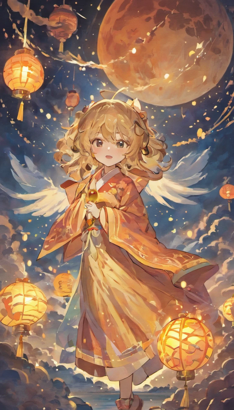 Mid-Autumn Festival,the night,starlights,Clouds,themoon,orange hues,edgBunny,Moon cake,(Don't show portraits:1.5)