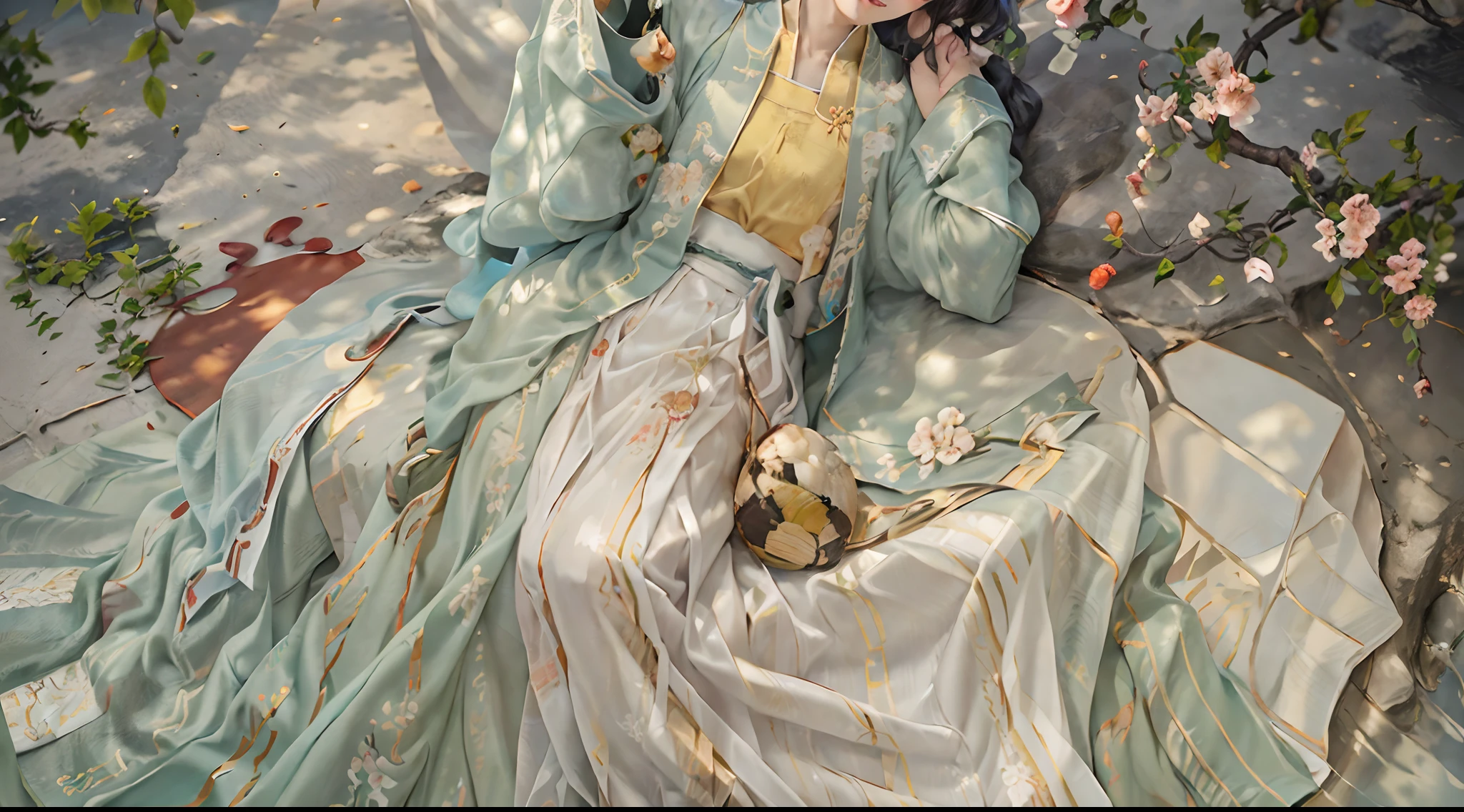 Close up of a boy wearing a turquoise gradient,Age 12-16 years, Wearing a yellow-orange dress,Persimmon in hand,Persimmon Grove Manor,Brunette disc hairpin hairpin,Hyper-detailing,Loose detail dress accessory, Tulle fabric with streamers, Ayara satin,Wide skirt, Streamer decoration,refined demeanor, Poetic and picturesque,Royal Palace backyard , A boy in Hanfu, Hanfu, Traditional Chinese clothing, Wearing ancient Chinese clothes, Chinese costume, Chinese dress, Princesa chinesa antiga, White Hanfu, Chinese style, with acient chinese clothes, Chinese traditional, Ancient Gongzi, Prince of an ancient Asian dynasty, Chinese girl, 20th century Tang Hanfu style,The sunny season is the harvest season in autumn,The atmosphere of the picture should render the feeling of autumn,Cover palms,Avoid drawing hands