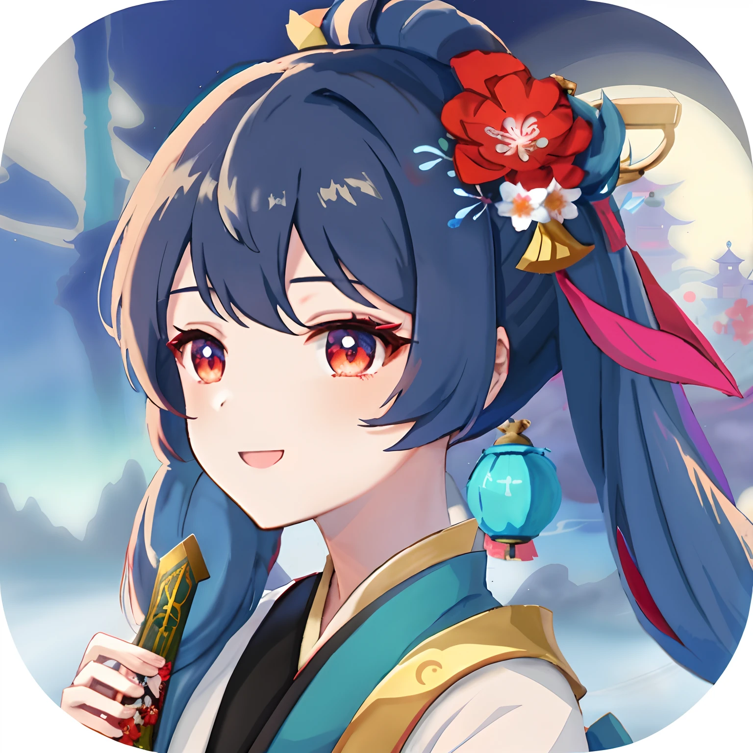 Anime girl with blue hair and red flowers on her hair, onmyoji portrait, onmyoji, Ayaka Genshin impact, Inspired by Song Maojin, inspired by Ma Yuanyu, Onmyoji detailed art, anime moe art style, inspired by Lü Ji, inspired by Li Mei-shu, Keqing from Genshin Impact, Also