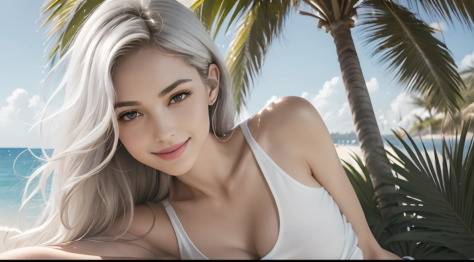 (Masterpiece, Best Quality, Photorealistic, high resolucion, photography, :1.3), Close-up shots of faces, Close-up shots of faces, Close-up shots of faces, Sharp focus, (1 Girl, A European girl, Popular models), Realistic skin, Slender body type, Big breasts, (Her long, Pure white silver hair swept to the side, extremely detailed hair), Delicate sexy face, Organoleptic gases, Sparkling lips, ((realisitic, A hyper-realistic, realism, realistic detailed)), (Medium Tits:1.5), (White tank top T-shirt and ripped shorts), (A slender waist), (slim thigh), (Small hips), (Sorrisos), (seaside, waves, palm tree) (seaside, waves, palm tree), (Long straight hair), A woman is standing, (Sorrisos), (Sorrisos)