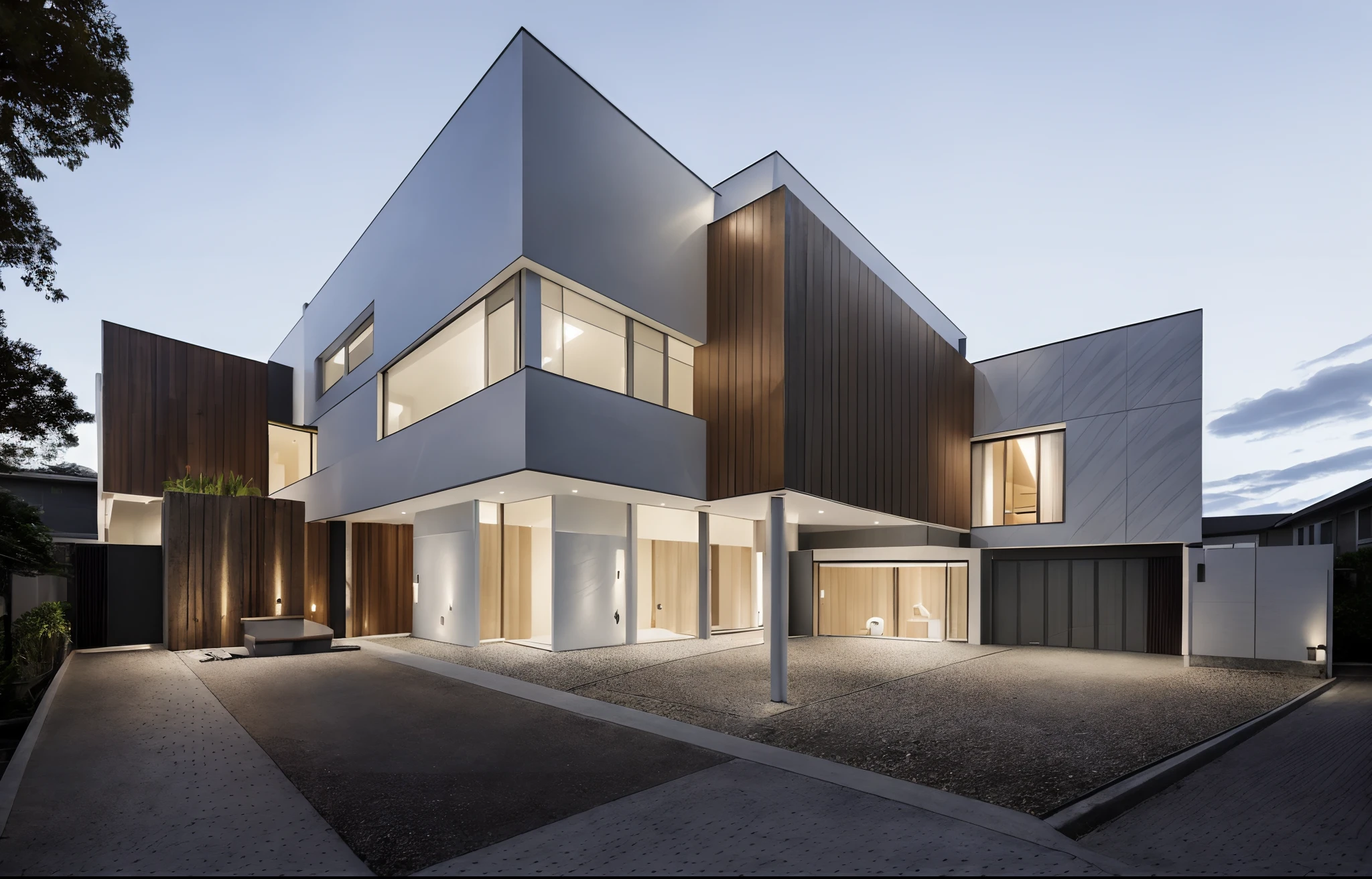 a view of a modern home with a large front yard, main material by white wall and stone and wood,  1 road runs in front of the house,  (RAW photo, real, best quality, masterpiece:1.2), look morden minimalist, 1 road in front of the house, shime ring light, light brighteness from indoor:1.2, dynamic lighting:1.3, (hyper realistic, photo-realistic:1.2), high quality, day lighht, hight contrast :0.5 perfect lighting, archdaily,  award winning contemporary, contemporary masterpiece, well-designed masterpiece, large modern residence, neotraditional modern, wide angle exterior 2022, midcentury modern, contemporary house, hip modern vibe, a long-shot from front, award winning modern design, stunning lines, residential, subtle detailing