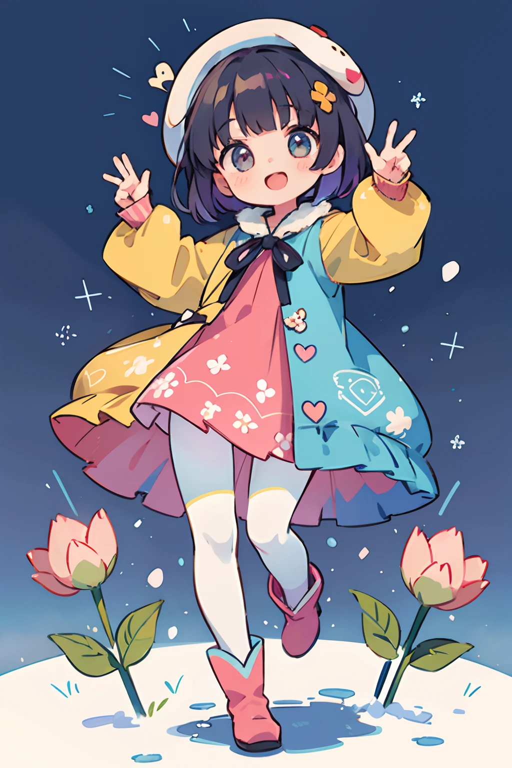 Stand in front of the photo、1girl in,Full body,a short bob, But long pigtails, rainbow color Hair,long boots,Open mouth and big smile、kawaii pose、Flowing iridescent silk、Wearing colored tights、up of face、Eye Up、Colorcon with heart pattern、Floral dress、There are flowers even in front of you、snowscape、season!!: Winters☀ 🍂
