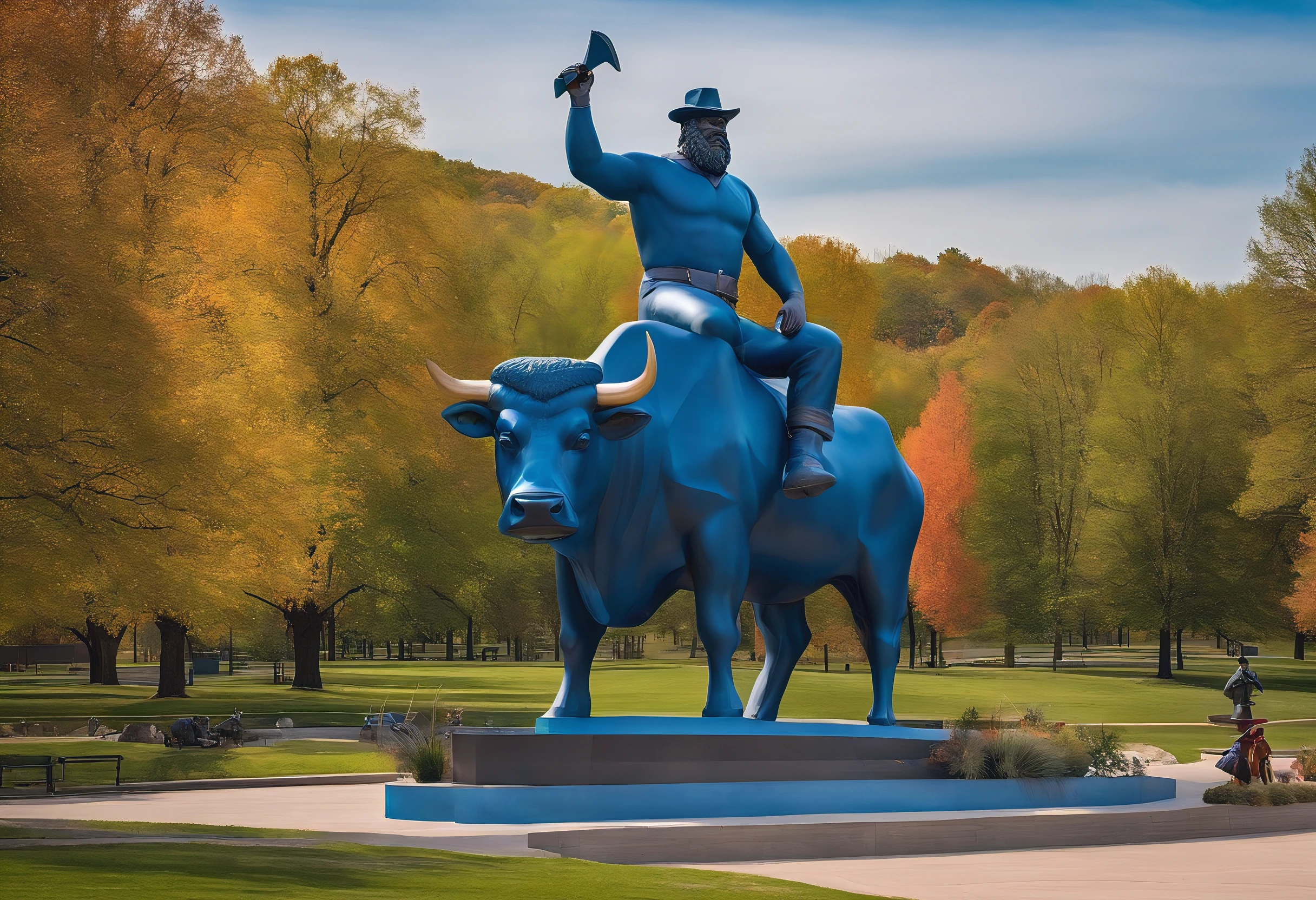 photo of colossal statue of Paul Bunyan and his blue ox pet, smiling, isometric view, public park, trees, water, sunny, nikon z9, detailed, high quality, high resolution, 8k, high saturation