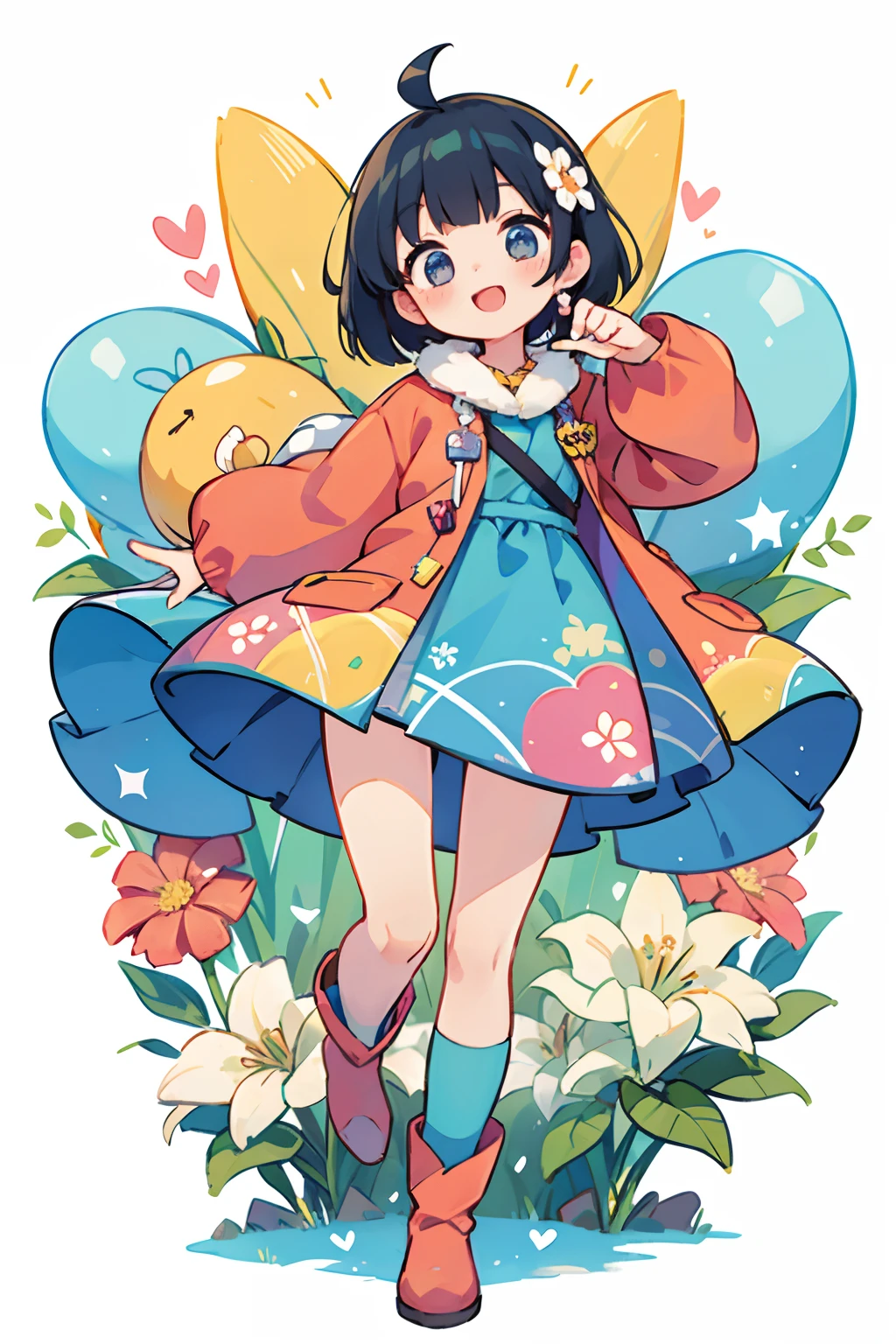 Stand in front of the photo、1girl in,Full body,a short bob, But long pigtails, rainbow color Hair,long boots,Open mouth and big smile、kawaii pose、Flowing iridescent silk、Wearing colored tights、up of face、Eye Up、Colorcon with heart pattern、Floral dress、There are flowers even in front of you、snowscape、season!!: Winters☀ 🍂