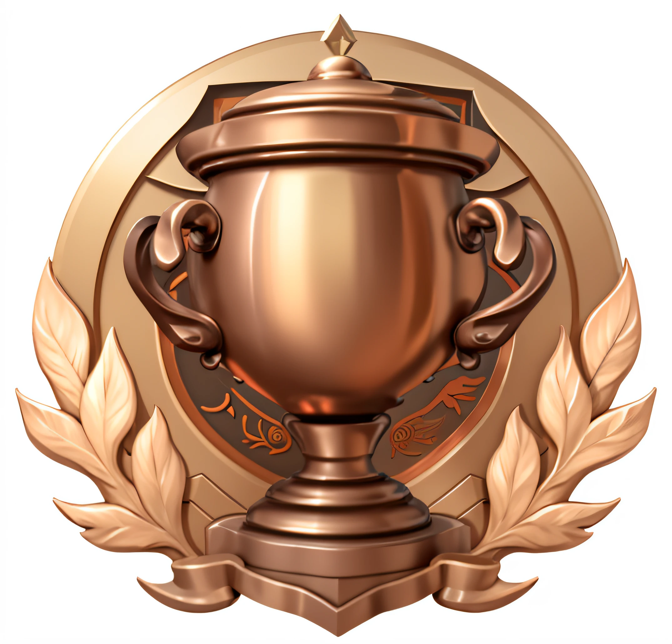 Badge style,Unity in detail,In the middle is a highly finished trophy,A masterpiece of 3D rendering,Made of red copper,Copper,Copper,Trophy,High degree of completion,Details added,Balanced details,Light from the left,God Ray, high detal, high qulity, best qualtiy, RTX, 4K, 8K,