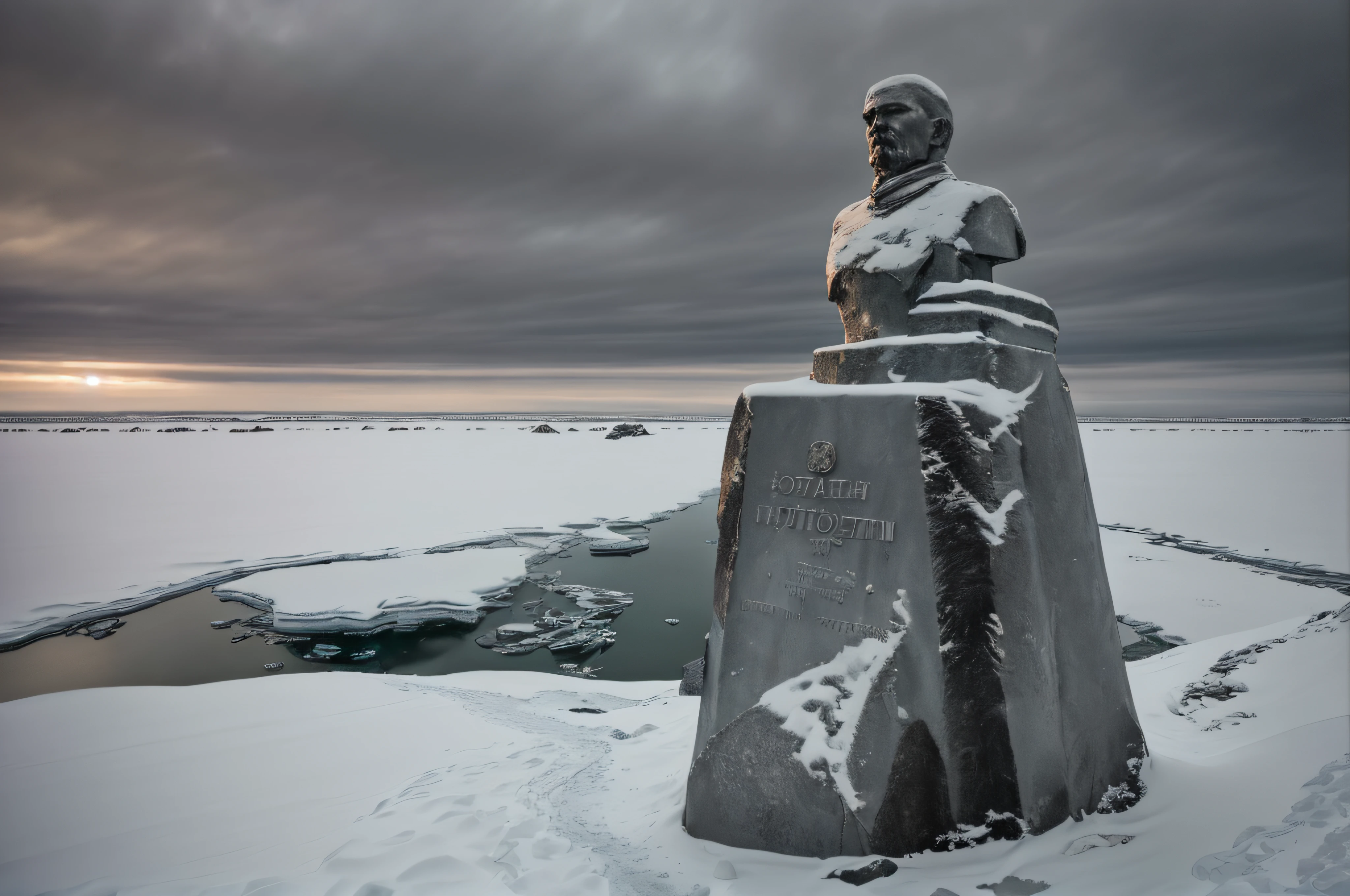 statue of lenin at the south pole of inaccessibility,bronze sculpture,standing tall,frozen landscape,winter snow,Wind swirling around,remoteness,inhospitable,the monument of solitude,isolated location,unforgiving climate,massive statue,monumental presence,ominous aura,majestic,imposing,soviet symbolism,crisp blue sky,subtle lighting,icy windswept surrounds,frigid temperature,detail-captured sculpture,subtle patina on the bronze,sharp angles in the design,facial features crisply defined,contrasting shadows and highlights,grandeur and melancholy blend,contrasts of warmth and coldness,breathtaking sight,monolithic structure,indomitable spirit,living history,remnants of a bygone era,legacy of the past. (best quality,4k,8k,highres,masterpiece:1.2),ultra-detailed,(realistic,photorealistic,photo-realistic:1.37),HDR,UHD,studio lighting,ultra-fine painting,sharp focus,physically-based rendering,extreme detail description,professional,vivid colors,bokeh,portraits,landscape