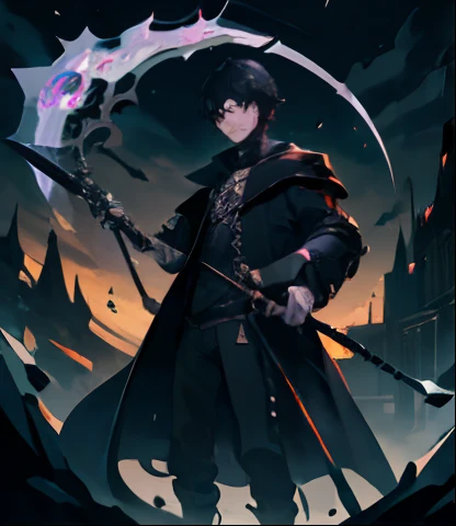 (absurdres, highres, ultra detailed), masterpiece, best quality, a boy holding a scythe, solo, handsome, short hair,black hair, black eye, finely eyes and detailed face, scythe design, intricate scythe, fantasy scythe, evil smile, dramatic sky, isolated land, look down, swirl, black coat,