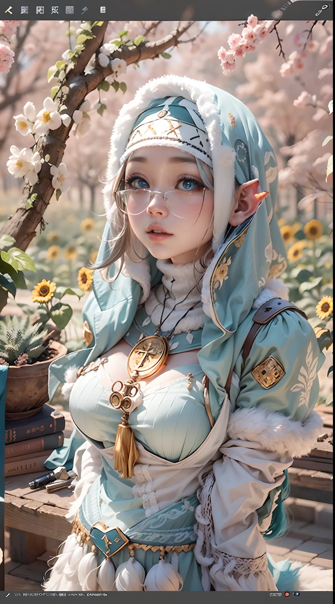 In a very grand scene,The extra-large wide-angle lens captures the appearance of a female centaur。She is a Sunflower Worship nun,Always opposed(A knitted sunflower puppet 9.9)DOA。She is tall,It has the ultimate curvy beauty,The muscles are slender and firm,Beautiful lines。She has(Super huge sky blue eyes:99.99)、always(Wearing sexy glasses:6.66)、(She wears solemn nun attire:9.9)、Stepping on a boot-style skyscraper-heel、A pink cross hangs on his chest。Use Midjourney's advanced tools,Designed for female centaurs(一个针织太阳花布偶并在花盘中心创造一张超级治愈的emoji😊笑脸:99.99),and noble and solemn nun costumes,and highlight her unique physiological characteristics and appearance details,Add realism。And in the context of her prayers and listening to confessions,Spectacular views of nature,Such as the sky where storms and sunny days alternate、Brilliant rivers of stars and auroras、The snow-capped summit of Mount Everest、Fireworks in the mountain town, etc。ao mesmo tempo,Away from the hustle and bustle next to the chapel,Create a fantastic scene。Use Midjourney's advanced tools and multiple color palettes、Brush Strokes、Texture tools and model packages,It shows a sense of atmosphere where beauty and charm coexist。The charm of the female centaur is highlighted through color and lines,Enhance realism with detailing,Create a surreal dreamy feeling。Additionally,Use Midjourney's tools to add various exorcism props and books to the female centaur、pergaminhos,Create intricate hairstyles and outfits,Give her a sense of premium。She never flinches,No matter what monster you encounter,can respond quickly,Even the most extreme armies of natural disasters and monsters could not stop her and her front(Sunflower with Tyndall effect that emits sunlight9.99)。Use Midjourney's powerful tools,You can do it with incredible detail and beauty,Bring this ultra-grand and beautiful scene to life。Ultra-grand scenes,super wide shot, hdr,(真实感,Masterpiece quality,best qualtiy),