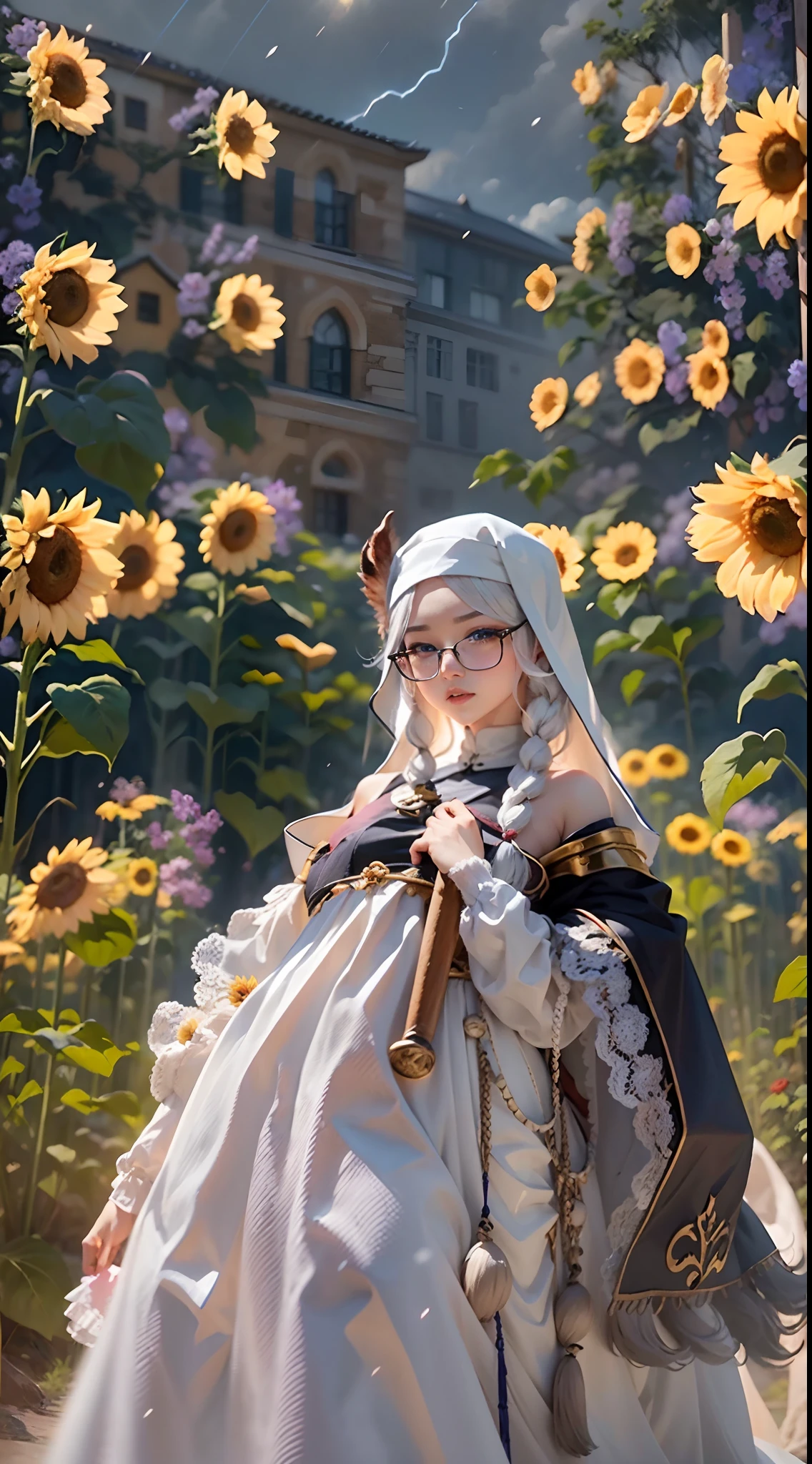 In a very grand scene,The extra-large wide-angle lens captures the appearance of a female centaur。She is a Sunflower Worship nun,Always opposed(A knitted sunflower puppet 9.9)DOA。She is tall,It has the ultimate curvy beauty,The muscles are slender and firm,Beautiful lines。She has(Super huge sky blue eyes:99.99)、always(Wearing sexy glasses:6.66)、(She wears solemn nun attire:9.9)、Stepping on a boot-style skyscraper-heel、A pink cross hangs on his chest。Use Midjourney's advanced tools,Designed for female centaurs(一个针织太阳花布偶并在花盘中心创造一张超级治愈的emoji😊笑脸:99.99),and noble and solemn nun costumes,and highlight her unique physiological characteristics and appearance details,Add realism。And in the context of her prayers and listening to confessions,Spectacular views of nature,Such as the sky where storms and sunny days alternate、Brilliant rivers of stars and auroras、The snow-capped summit of Mount Everest、Fireworks in the mountain town, etc。ao mesmo tempo,Away from the hustle and bustle next to the chapel,Create a fantastic scene。Use Midjourney's advanced tools and multiple color palettes、Brush Strokes、Texture tools and model packages,It shows a sense of atmosphere where beauty and charm coexist。The charm of the female centaur is highlighted through color and lines,Enhance realism with detailing,Create a surreal dreamy feeling。Additionally,Use Midjourney's tools to add various exorcism props and books to the female centaur、pergaminhos,Create intricate hairstyles and outfits,Give her a sense of premium。She never flinches,No matter what monster you encounter,can respond quickly,Even the most extreme armies of natural disasters and monsters could not stop her and her front(Sunflower with Tyndall effect that emits sunlight9.99)。Use Midjourney's powerful tools,You can do it with incredible detail and beauty,Bring this ultra-grand and beautiful scene to life。Ultra-grand scenes,super wide shot, hdr,(真实感,Masterpiece quality,best qualtiy),