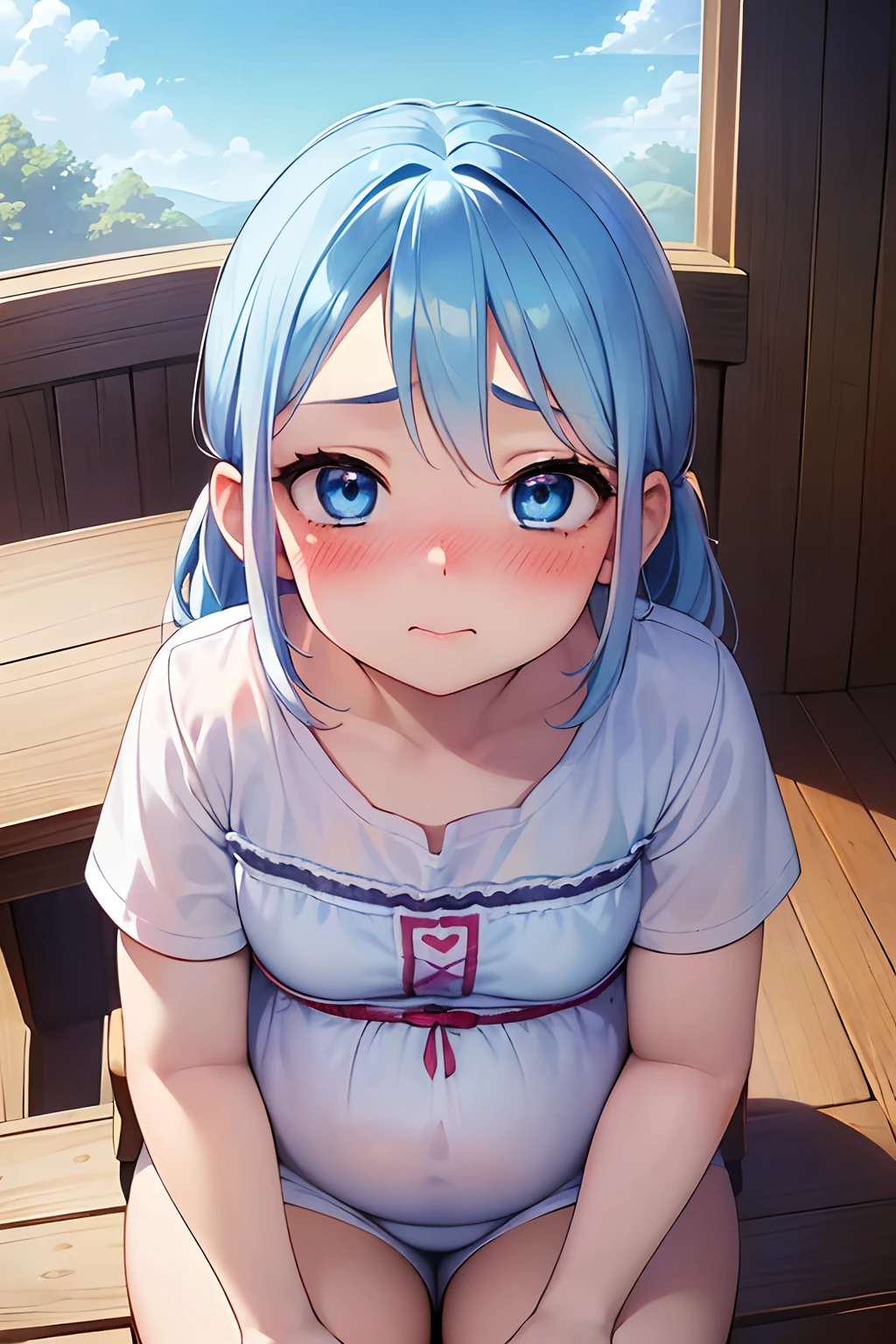 Masterpiece, high resolution, extremely detailed, realistic, 1 girl, (((cute face, (young), extremelyfat, cute eyes, short sky blue hair, bright blue eyes, lovestruck, blushing, embarressed, sitting on small wooden chair))), ((bedroom, in corner))