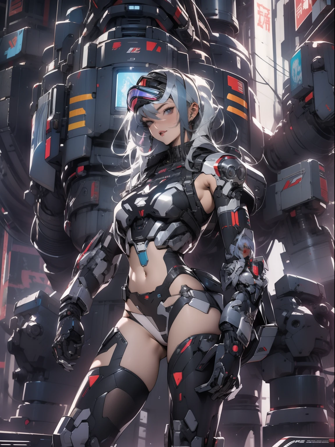 Powerful adult woman in her mega detailed mecha suit, Heavy weapons, Cyberpunk visor, High-tech graphics throughout the costume, beste-Qualit, tmasterpiece, sexypose, the perfect body