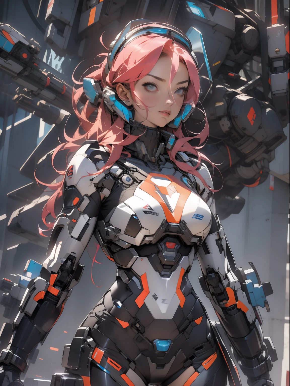 Powerful adult woman in her mega detailed mecha suit, Heavy weapons, Cyberpunk visor, High-tech graphics throughout the costume, beste-Qualit, tmasterpiece, sexypose, the perfect body