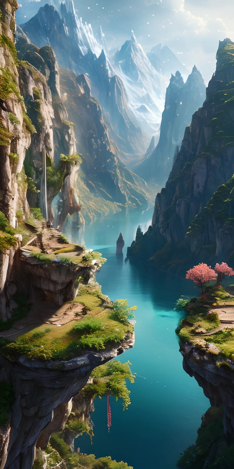 masterpiece, best quality, high quality, extremely detailed CG unity 8k wallpaper, scenery, outdoors,flower, cloud, day, no humans, mountain, landscape, water, tree, snowing, waterfall, cliff, nature, lake, river, snowflakes,award winning photography, Bokeh, Depth of Field, HDR, bloom, Chromatic Aberration ,Photorealistic,extremely detailed, trending on artstation, trending on CGsociety, Intricate, High Detail, dramatic, art by midjourney