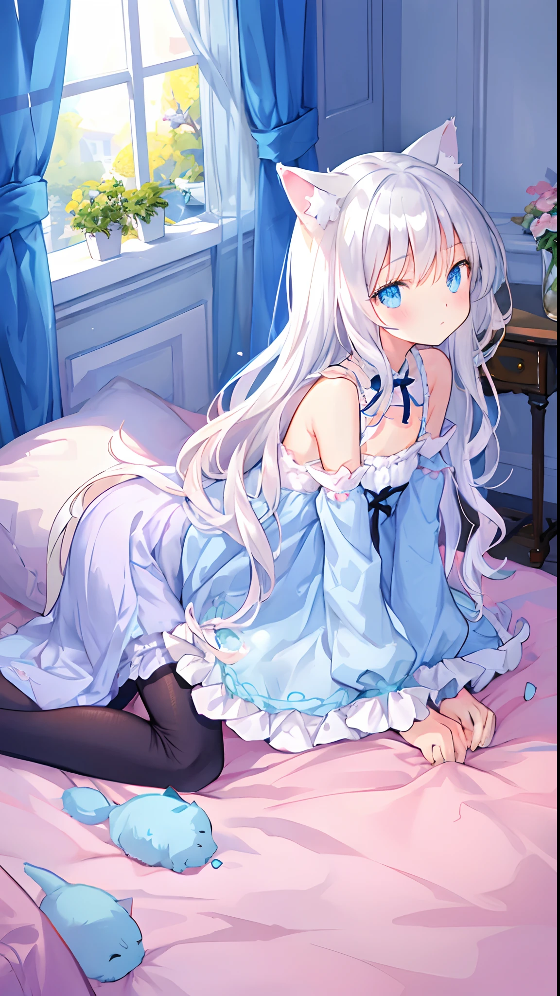Beautiful illustration, of the highest quality, Cute Girl, Bedroom, Pastel colors, fluffy cat ears, Petite, Long silver hair, Kneel down and look back, Cat posing staring at camera, Bright lighting, bright light blue eyes
