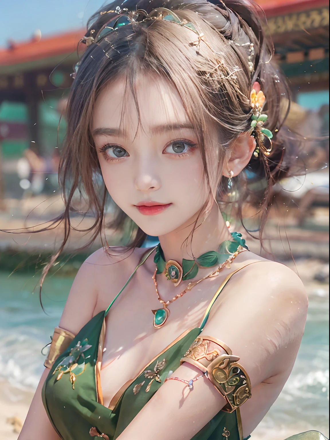 (upper body), (best quality:1.1) ,(photorealistic:1.1), (photography:1.1), (highly detailed:1.1), looking at viewer,armlet, Jade bracelet, eyelashes, happy, medium breasts,beautiful detailed girl, (extremely detailed eyes and face), (lighting on face),necklace,Colorful clothes, [chinese clothes],[off shoulder], (solo:1.2), sandbeach,sand,Standing by the seaside, summer, (beautiful detailed sky),