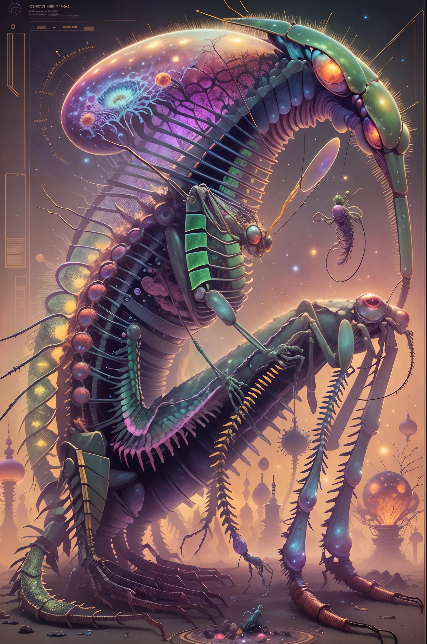 Fantasy00d Technical Diagram, Info graphic, Charts, of A Cosmic Anatomical Praying Mantis, Info Graphic, Scientific, Data Diagram, Nervous System, Galaxy, Vibrant Colors, Midnight Aura, Ultra Detailed, H.R. Giger, Max Ernst, Thomas Kinkade, Robert Gonsalves, dark background, flowervirus,