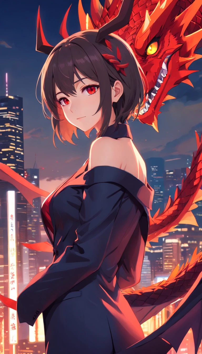 Anime girl in suit,(Off-the-shoulder attire),Large breasts,cleavage,The background is a dragon, dragon - inspired suit, by Yang J, human and dragon fusion, Beautiful Japanese demon girl, Beautiful girl in demon slayer art, epic and classy portrait, trends in art station, crimson attire, Black and red suit, highly detailed exquisite fanart, beautiful female vampire