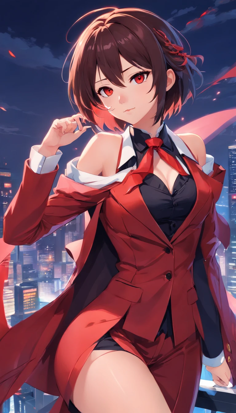 Anime girl in suit，（Off-the-shoulder attire），Large breasts，cleavage，The background is a dragon, dragon - inspired suit, by Yang J, human and dragon fusion, Beautiful Japanese demon girl, Beautiful girl in demon slayer art, epic and classy portrait, trends in art station, crimson attire, Black and red suit, highly detailed exquisite fanart, beautiful female vampire