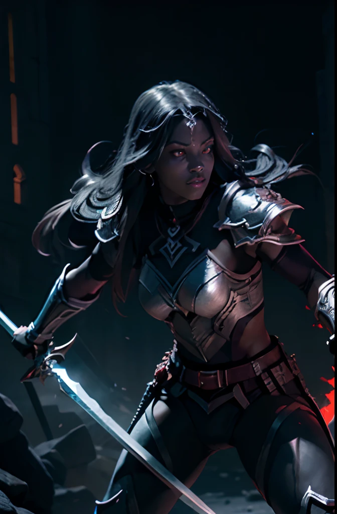 A beautiful athletic paladin female drow(dark elf), fit muscular ripped body, black skin like coal, red eyes glow, wielding a long sword and shield, wearing a full leather armor, fighting stance, underdark fantasy art, dim light source, background of Menzoberanzann, cinematic lighting, highly detailled, best quality, masterpiece, 8k