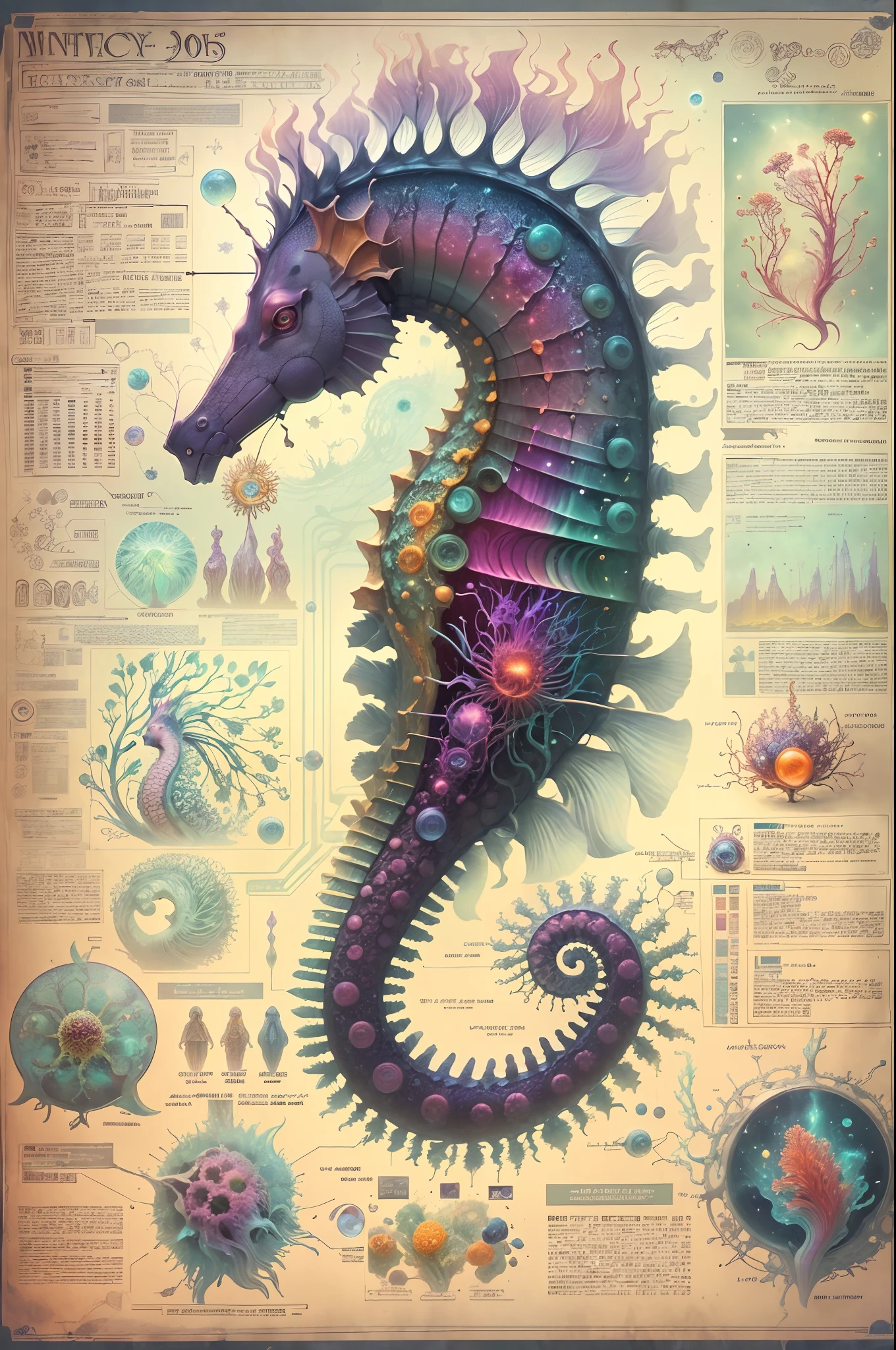 Fantasy00d Technical Diagram, Info graphic, Charts, of A Cosmic Anatomical Seahorse, Info Graphic, Scientific, Data Diagram, Nervous System, Galaxy, Vibrant Colors, Midnight Aura, Ultra Detailed, H.R. Giger, Max Ernst, Thomas Kinkade, Robert Gonsalves, dark background, flowervirus