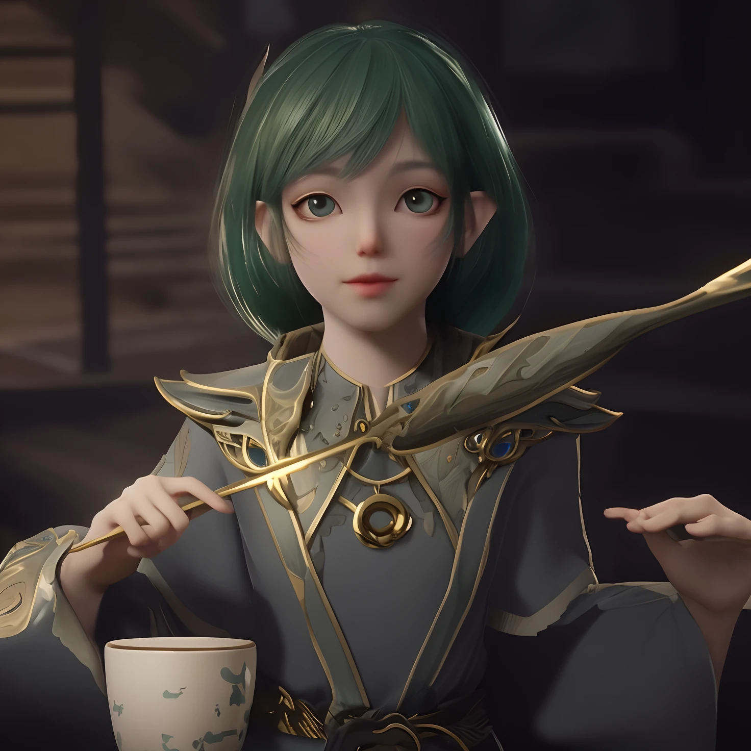 a close up of a person holding a cup and a spoon, she has elf ears and gold eyes, small character. unreal engine 5, game cg, akihiko yoshida. unreal engine, elf girl, 2020 video game screenshot, ps5 cinematic screen capture, elven character with smirk, lalafell, video game screenshot, gameplay footage