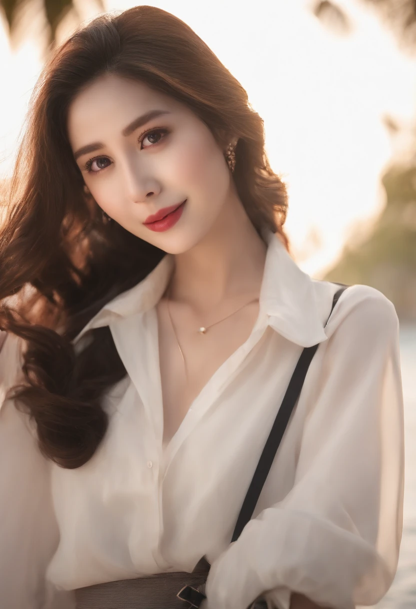 High quality，tmasterpiece，超A high resolution，(Photorealsitic),（realisticlying：1.4），RAW photogr，1girll，(Full body photo)，good looking face，slim，Dignified，Small fresh，（White collar blouse，Black short skirt），ssmile，cabelos preto e longos，Beautiful Hair Accessories，Beautiful girl in her teenage Japan，Detailed scene, beautiful digital illustrations, detaileds，ultra-detailliert, cinematic quality, (Beauty and aesthetics，big breasts beautiful)，Correct hand，anatomy correct, ((From below))、full bodyesbian、Walk along the beach while pushing the bike with your hands、hi-school girl、