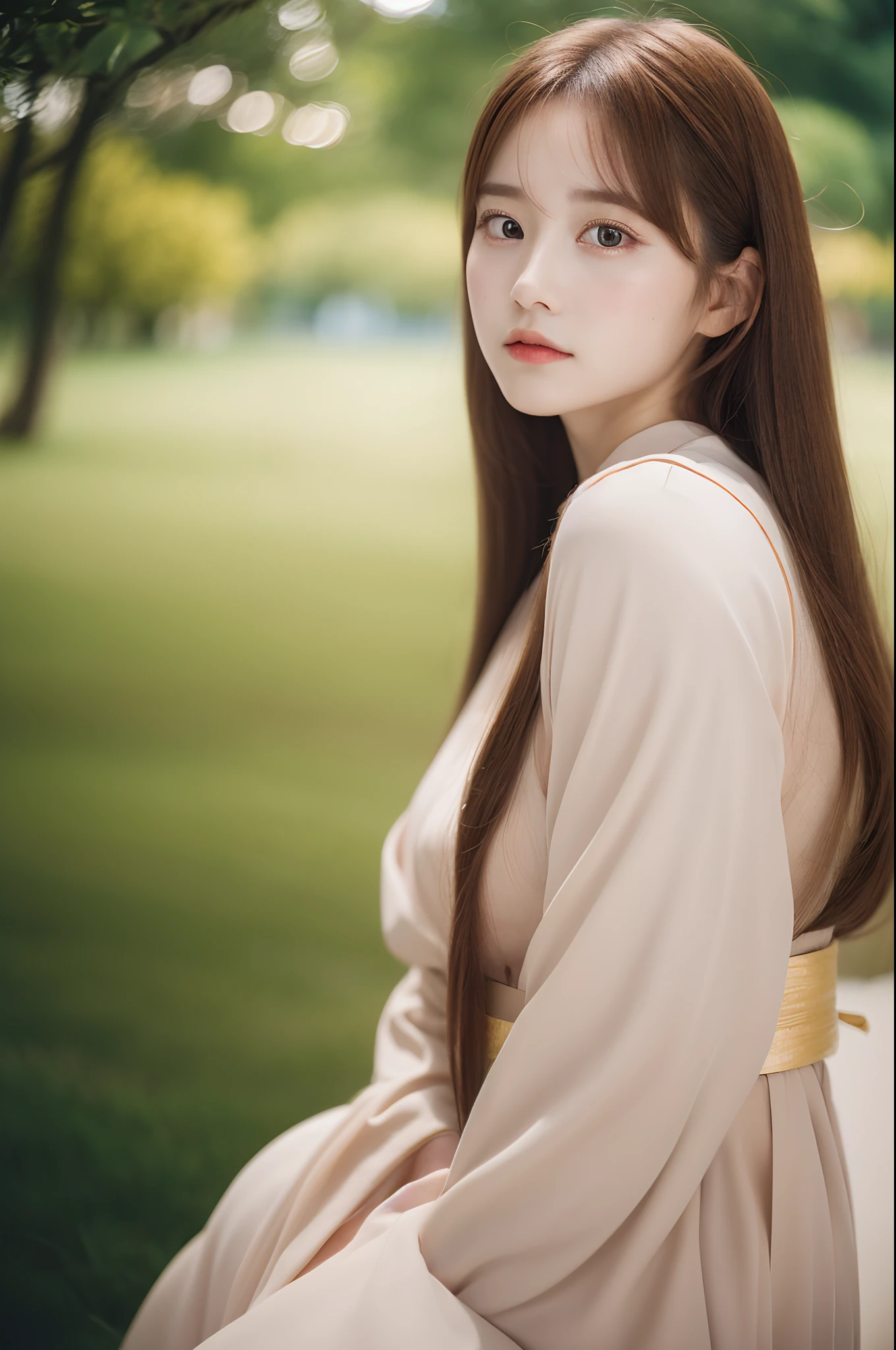 4k, photo, realistic,best quality,1girl,woman,solo,looking at viewer,Shot with Kodak Portra160NC film,long hair, lips, brown hair, brown eyes,hanfu,hanstyle,