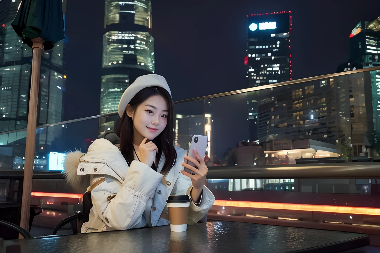 woman sitting at a table with a cup of coffee and a cell phone, 8k selfie photograph, she is holding a smartphone, f / 1. 9 6. 8 1 mm ISO 4 0, smartphone photo, checking her phone, selfie of a young woman, smartphone photography, Chinese girl, A young Asian woman, mid shot portrait, Single portrait, shot on leica sl2