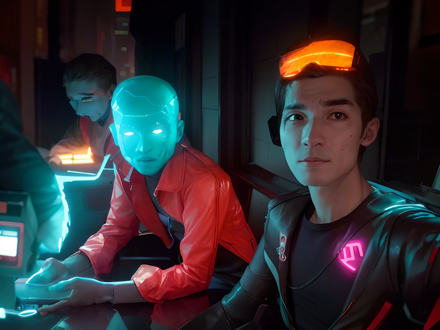 A person with mechanized body parts in the cyberpunk style stands out. His transparent skin reveals circuits and cables, while his eyes glow with colored LEDs. The limbs are a mixture of flesh and metal, with advanced prosthetics and cybernetic interfaces. Wearing a black leather jacket, the figure is set in a dystopian urban setting with decaying skyscrapers. The image represents the fusion between the human and the mechanical in the futuristic world of cyberpunk