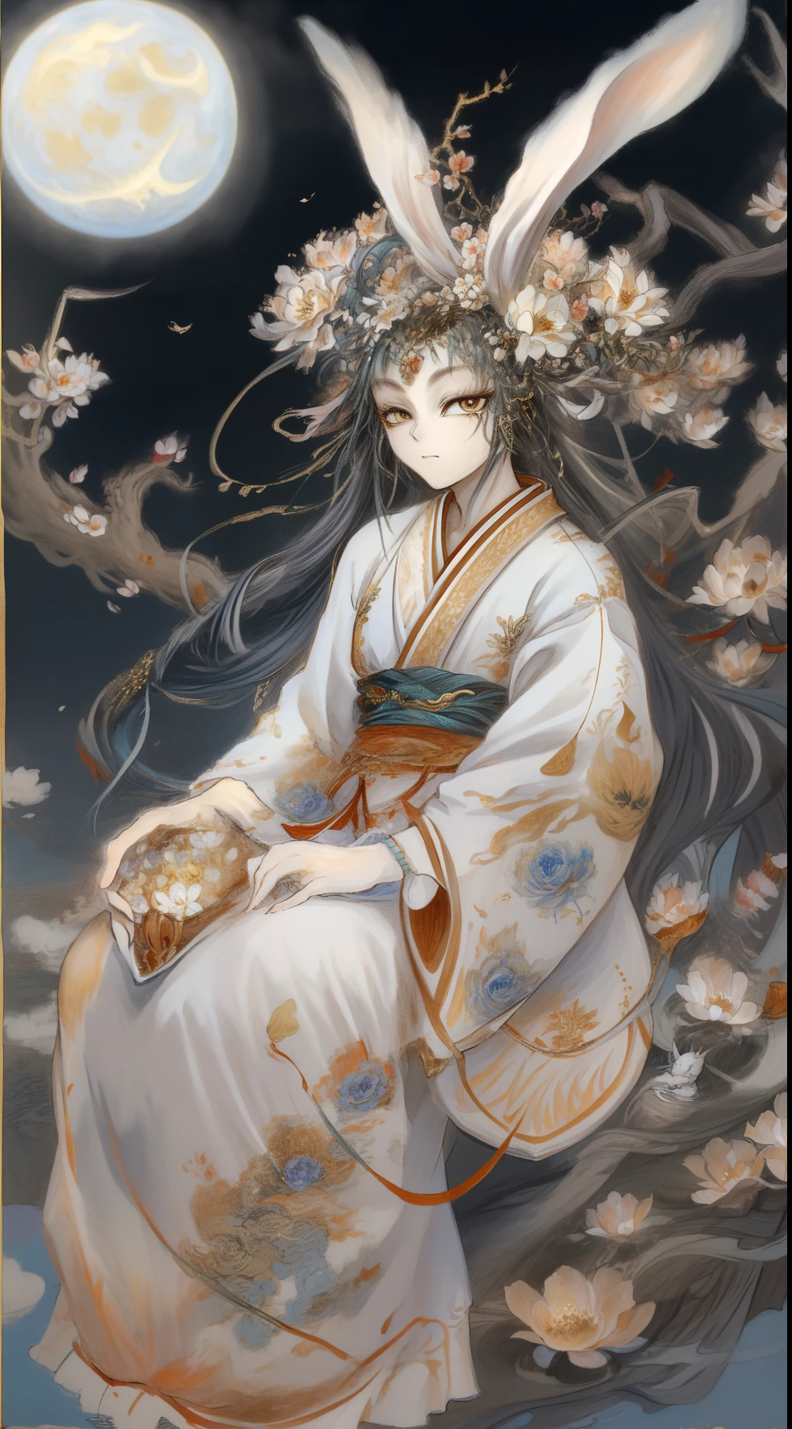 Yamazawa， themoon， Clouds， Skysky， A rabbit avatar，traditional garb，painting of a（curly）， natta， jewely， Traditional media，  fresh flowers，
high high quality，