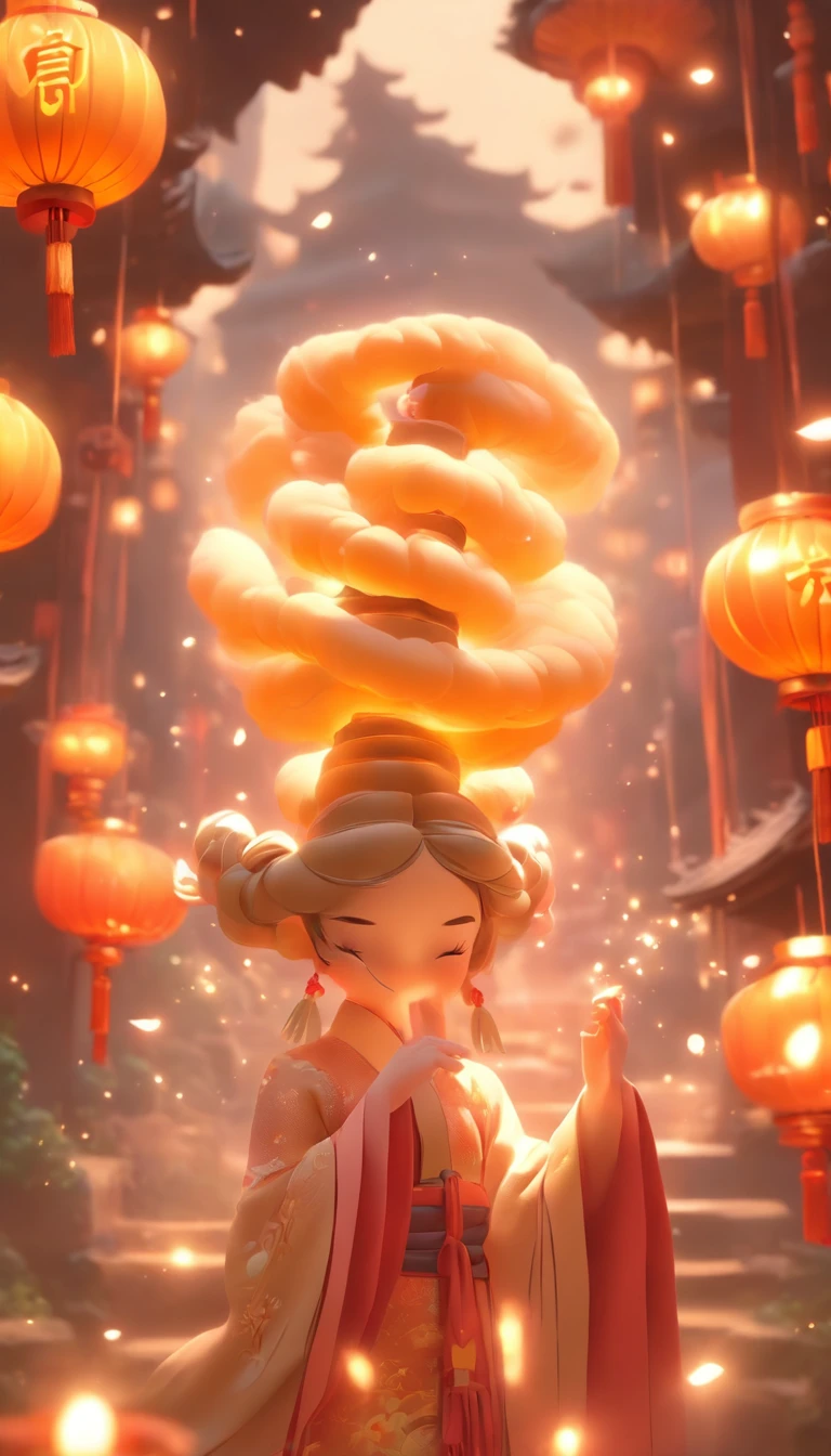 mid-autumn festival，Cute fairy，Wearing Chinese costumes，Play next to the girl with a rabbit，Moon cake，Auspicious clouds，Behind the huge moon，a warm color palette，abstract pictures，ultra-realistic realism，pixar-style，3d effect，Disney  style，clear contour light，rim-light，fanciful，spotlight lights，8k
