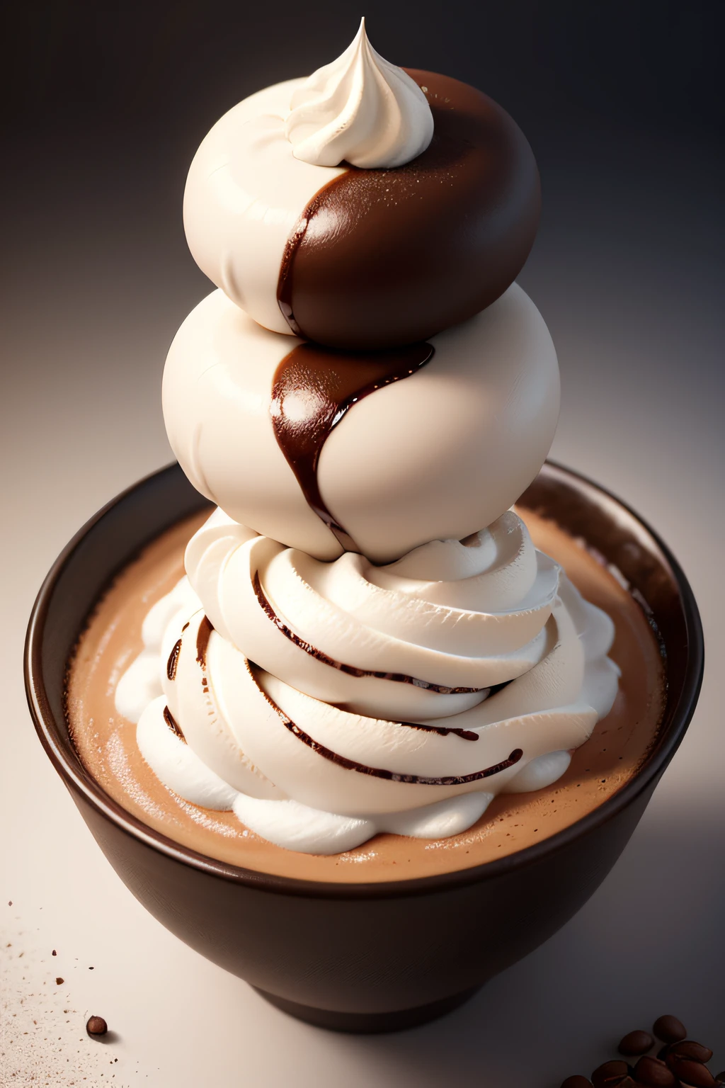 a close up of a bowl of food with whipped cream and coffee beans, a photorealistic painting by Jan Kupecký, trending on unsplash, surrealism, amazing food photography, coffee art, latte art, ying and yang, culinary art photography, high quality food photography, whipped cream on top, food photography, close up food photography, hd food photography, food art