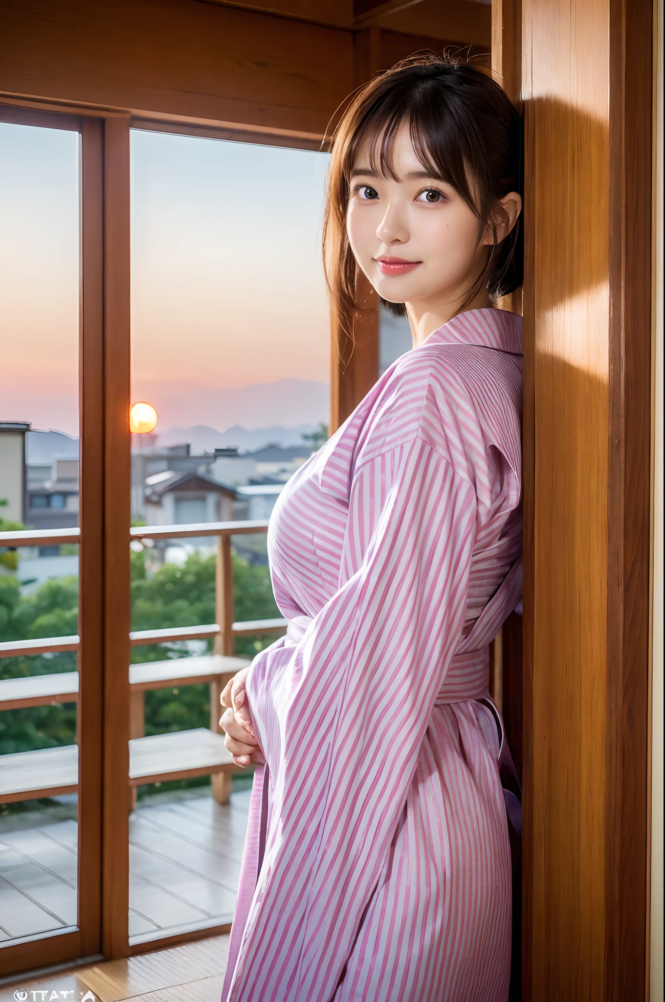 (natta:1.7), East Asian Architecture, 1womanl,Sitting on tatami mats, brunette color hair,(hair between eye), Lip flap, ,Beautiful fingers,Beautiful long legs,Beauty Body,Cute nose,Beautiful character design,perfect eyes,face perfect,looking at viewert,(Innocent_Big_Eyes:1.0),(light_Smile:0.3),offcial art,Very detailed CG Unity 8K wallpaper,Perfect litthing,highly colorful,Bright_front_Face_Lighting,(tmasterpiece:1.0),(best_quality:1.0), 超A high resolution,4K,ultra - detailed, photography of, 8K, nffsw, hight resolution, absurderes:1.2, Kodak Portra 400, film grains, the background is blurred, Bokeh:1.2, Lens Flare Glow, ( Vibrant_Color:1.2) (Beautiful,Large_breasts:1.4), (Beautiful_Face:1.5),(narrow_waist-up),8K,Raw photo, 、Relax at a ryokan in Japan、The background is the open-air bath at night at a hot spring inn (Girls are not subjects:1.3) (Hair after a bath:1.3),(Hair is wet:1.3) ((Girls are not subjects:1.2))((Draw a wide night background:1.2),((Yukata with light blue stripes isolated on white background:1.3)),(Yukata does not need gloss at all:1.5)),((No need for a Korean yukata or Korean-style hairstyle.:1.5)),((Faithfully and realistically reproduce a pure Japan yukata:1.5))((Light Pink Band:1.3)),((The background is the entrance living room、At night, Overlooking the inn's large and beautiful gardens..:1.3)),((8th class))、((Light Pink Band:1.5)) ((Beautiful shiny straight short long:1.5)) sixteen years old、((Beautiful shiny straight short long:1.5))((Pink Band))、((The color of the band is pink:1.3),(Faithfully and realistically reproduce the obi of a yukata:1.3) ((Faithfully and realistically reproduce a pure Japan yukata:1.5)),((Walking through the corridors of the inn at night:1.3))a sense of depth、Night Hostel There are small lights and flowers in the hallway. (When you open a window, You can see a beautiful sunset outside.:1.3) sixteen years old、((Beautiful shiny straight short long:1.5))