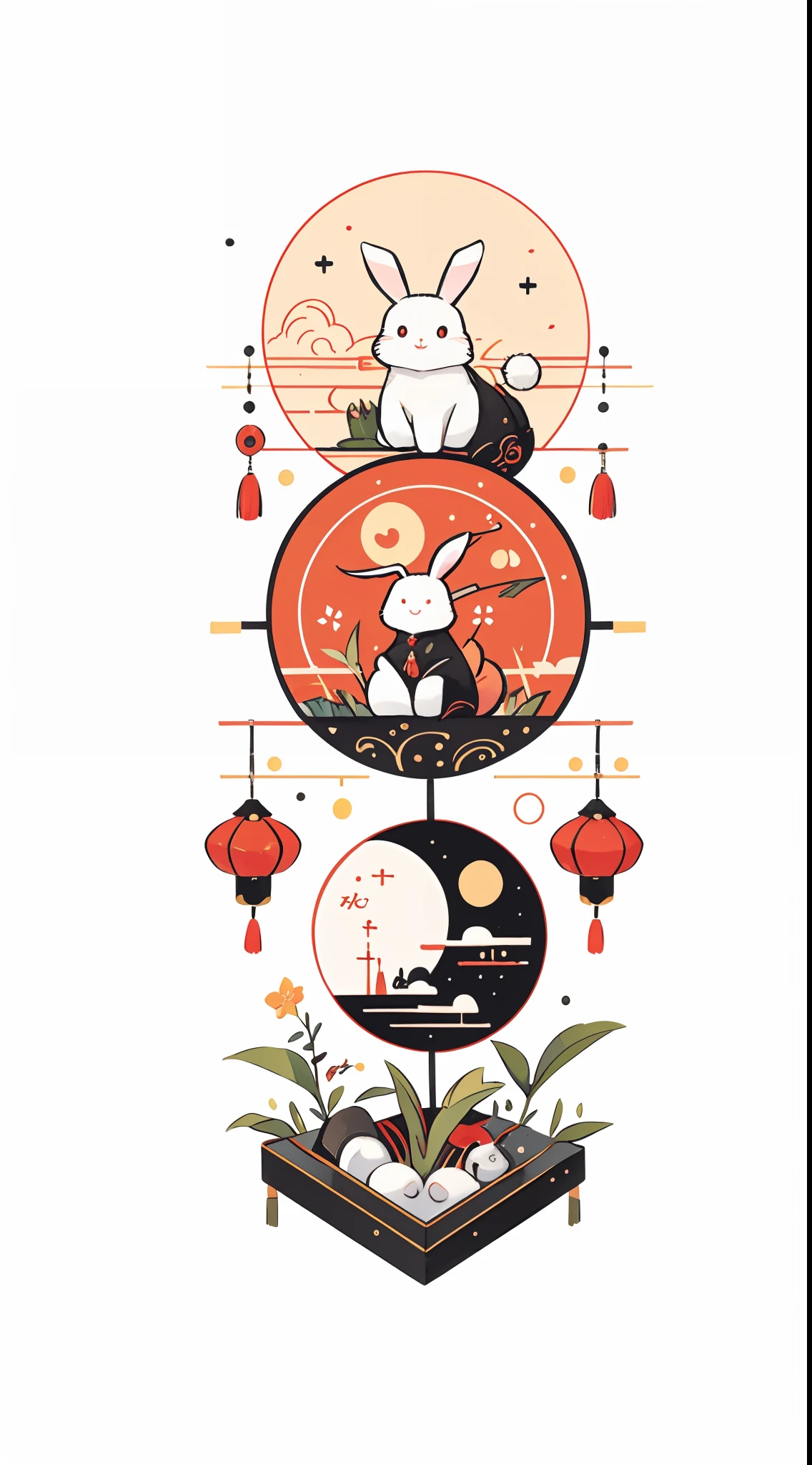 (A rabbit:1.4), sat on the ground, Looking up, ((Mid-Autumn Festival atmosphere,sweet osmanthus,Kongming Lantern,Meniscus,Moon cake)),(Chinese kanji:1.3),Traditional Chinese illustration style, Digital art, Simple background, Masterpiece on white background, Best quality, Ultra-detailed, High quality, 4K