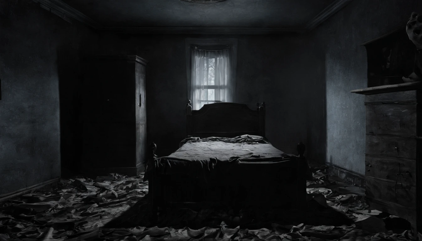 create a haunted old bedroom in the house, abundant for 40 years, at night, moon's light through the windows, ruined furniture, ((a pair of eyes watching in the dark corner)), dirty, dusts, mist, no light, dark background, (horror theme), 8k, ultra hd, highly detailed, sharp focus, realistic, best quality, photo-realistic, masterpiece,