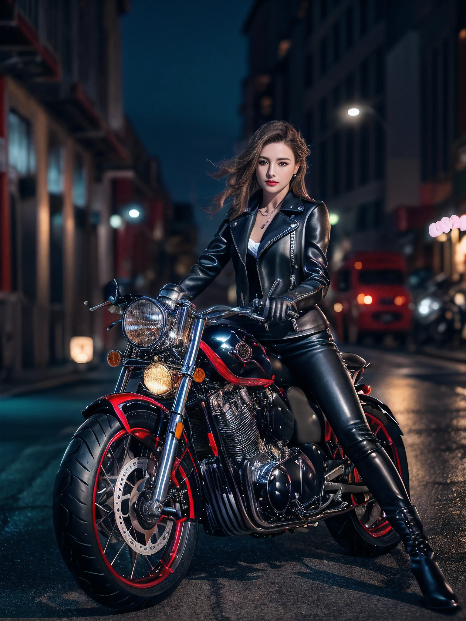 (masutepiece), Full body shot, Photos of the entire motorcycle, cute young woman, Ride an old, traditional shiny metallic silver motorcycle in the city, Charming shape, Shoulder-length shiny smooth hair, Wears a leather black riding jacket, Glossy satin red bikini under riding jacket, Black leather riding gloves, Leather black trousers, Leather black high-heeled boots, Gaze at the night view of the sea, Absolutely beautiful face, Double eyelids, Natural makeup, Long eyelashes, Glossy lips, 8K resolution, High details, Detailed hairstyle, Detailed face, Black eyes, ellegance, epic, Cinematic lighting, Octane rendering, vibrant, Ultra photo realsisim, Fair skin, Perfect limbs, Perfect anatomy