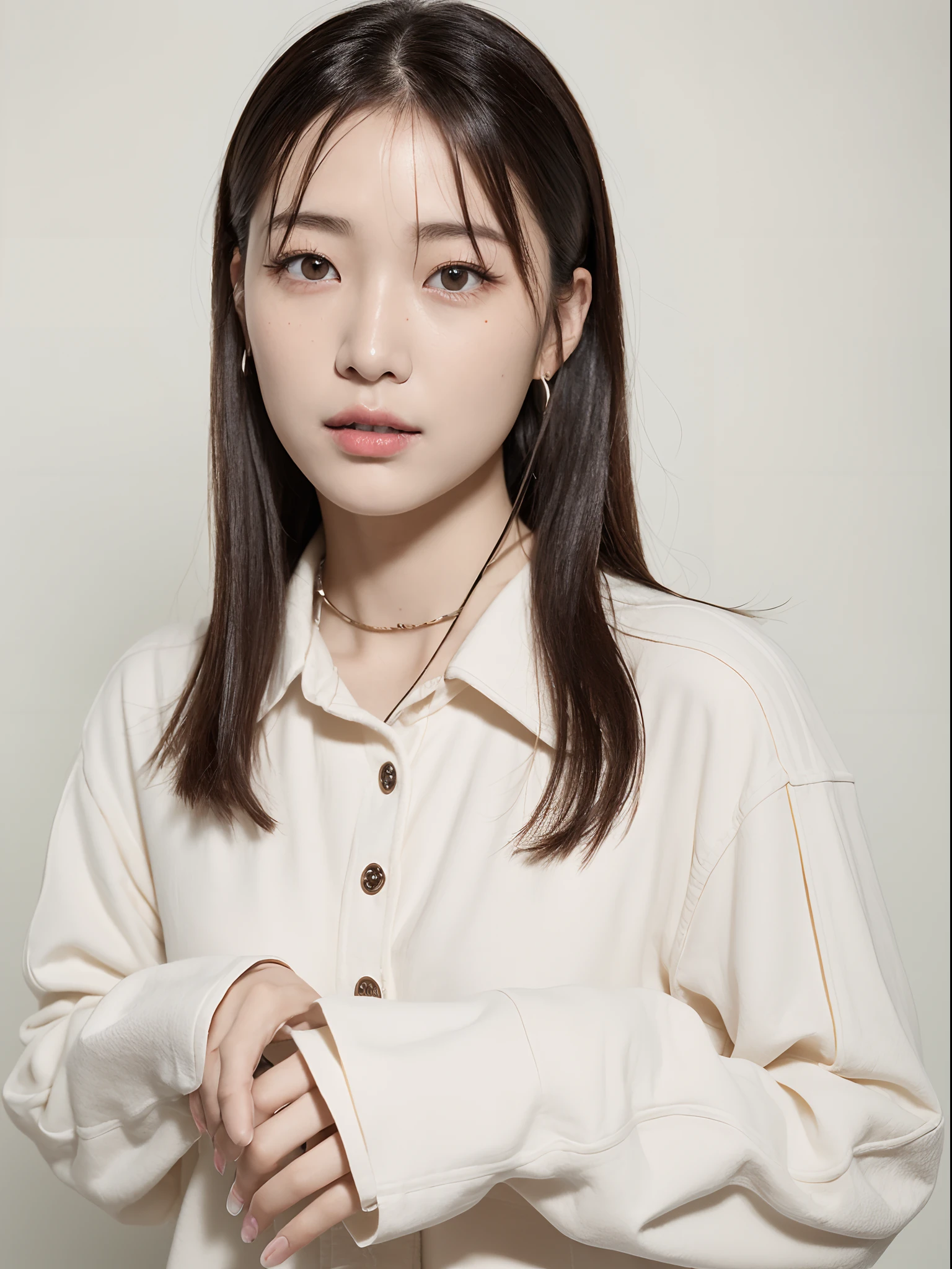 top-quality:1.3、​masterpiece、hight resolution、［1 girl in］、｛独奏｝、Raw photo、Real person、mascara, ,(Textured skin, Skin pores:1.1), (Mole:0.8), (Imperfect skin:1.1) intricate detailes, face perfect, (hitornfreckles:0.9), ((Photorealsitic):1.1), (Unripe, 8K:1.2)、Detailed skin、japanes、catchlight、piercings、a necklace、white walls、White Room