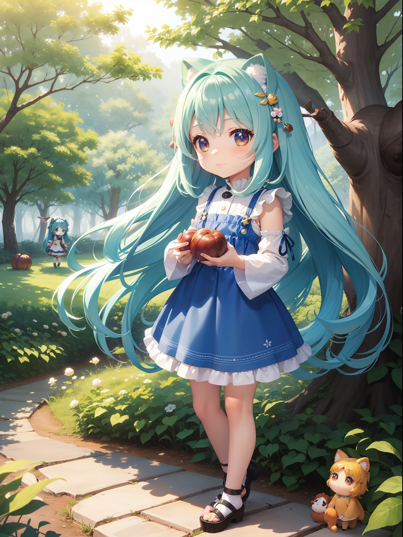 Chibichara Picking chestnuts in a chestnut grove long hair with blue hair((Chibi Chara))、A charming smile、Fluffy、girl with、Chibi Chara、Friends of the Forest、full body Esbian、Pastel colors hair、masutepiece、top-quality、
