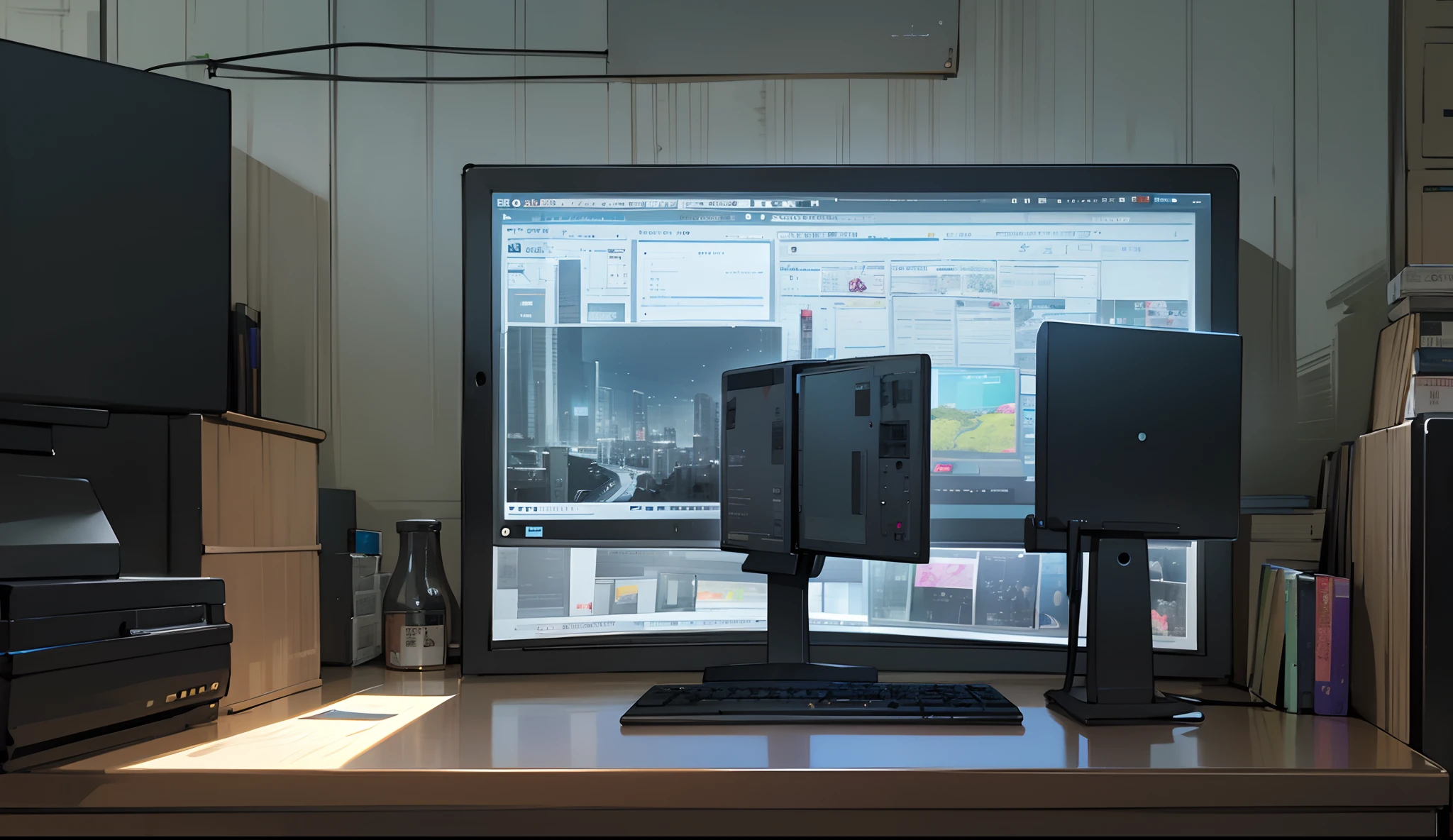 Close-up shot of the environment of the room where the computer is on and architectural software is being used, around the table full of architectural supplies, room with a dark theme, b, realistic --auto --s2