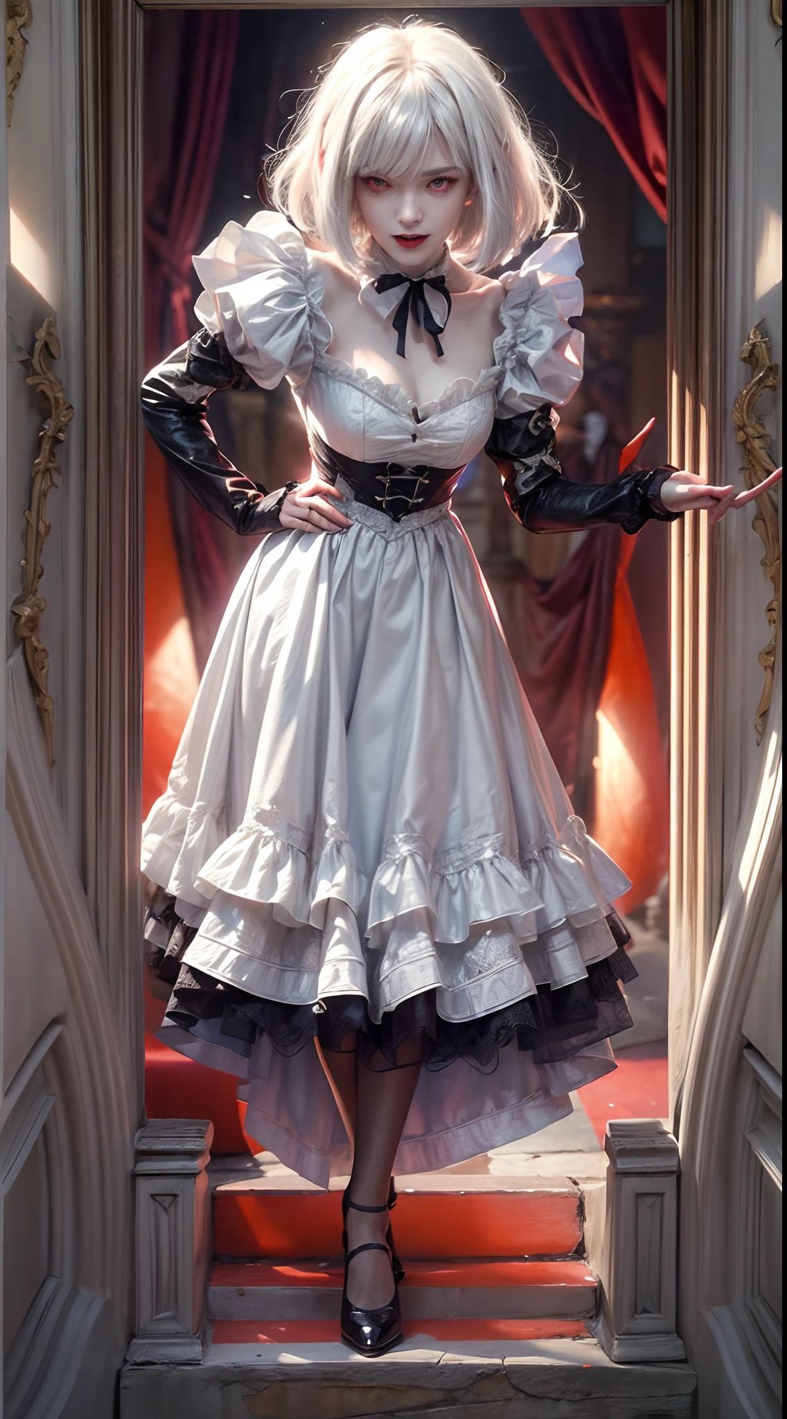 high quality fingers, normal hands, detailed fingers, masterpiece, (realistic, photo-realistic:1.37), (full body:1.5), High-end editorial-style photoshoot highlighting the beauty of a woman with blonde hair and bright blue eyes, dressed in a chic red and black corset, thin waist, seductive smile, large tits, perfect body, perfect face, (full body:1.5), set within the refined atmosphere of a Victorian ballroom. Stylish, elaborate jewelry made with expensive gems.