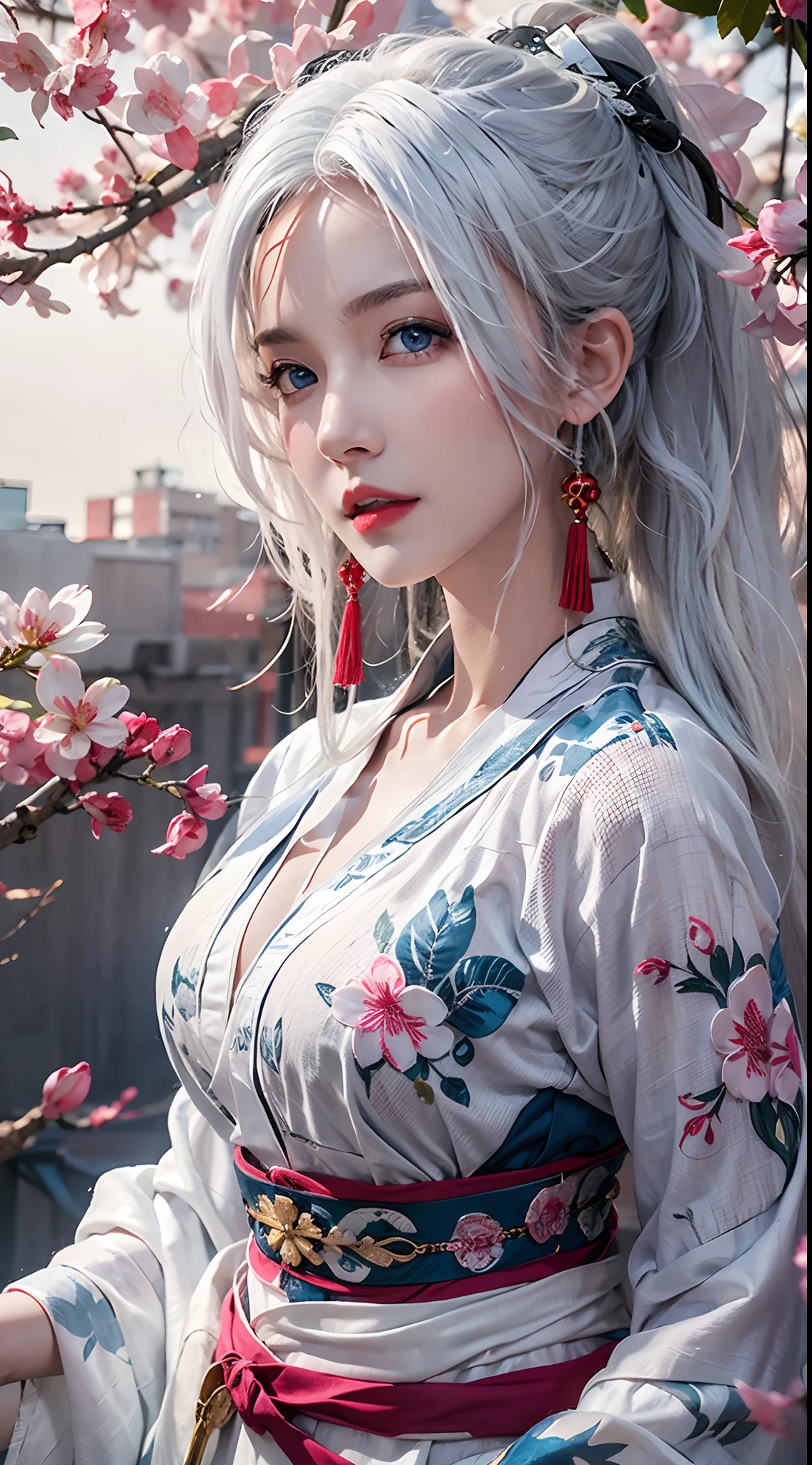 photorealistic, high resolution, soft lights, 1women, solo, hips up, blue eyes, white hair, long hair, blue eyes, red lips, jewelry, taoist robe, tattoo, cherry blossom