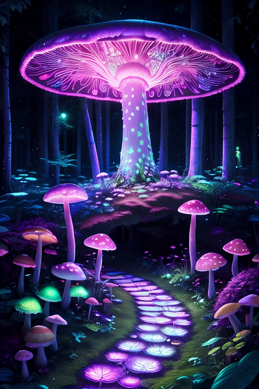 Highly detailed neon art, mushroom forest, blacklight tapestry, stunning photography, photorealistic, art station, soft pastel colours, highly detailed, intricate, path tracing, illustration, insanely detailed, shadow mapping volumetric light, specular lighting