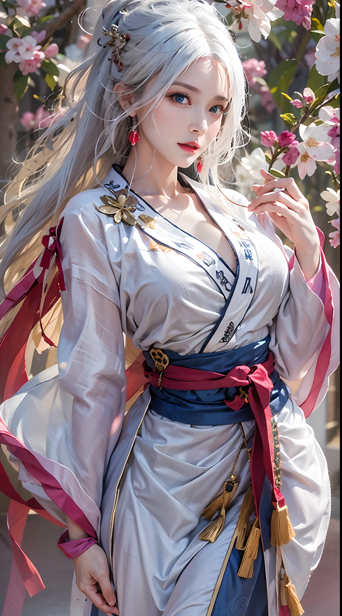 photorealistic, high resolution, soft lights, 1women, solo, hips up, blue eyes, white hair, long hair, blue eyes, red lips, jewelry, taoist robe, tattoo, cherry blossom