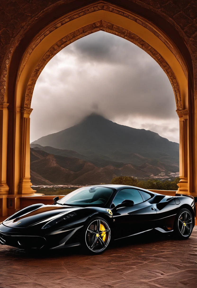 Black Ferrari in the Sahara,The background is a mountain, In the background of the image,Christ the Savior of Rio de Janeiro. rainy days, clouds, Rays.