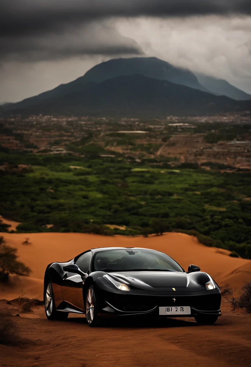 Black Ferrari in the Sahara,The background is a mountain, In the background of the image,Christ the Savior of Rio de Janeiro. rainy days, clouds, Rays.