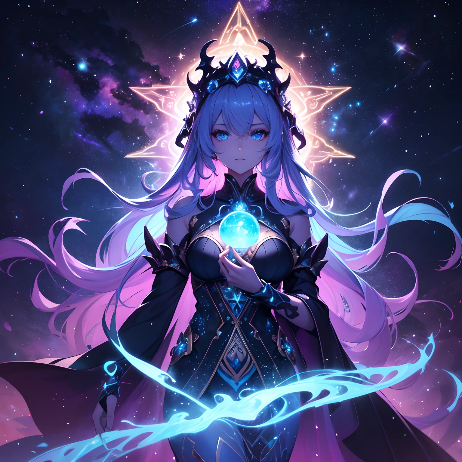 Across the vast expanse of the cosmos, an ethereal figure emerges. The Ancient Galactic Witch drifts gracefully amidst the stars, her robes flowing like nebulae, adorned with constellations and celestial symbols. Her skin, a luminescent blue, glows with the power of the galaxies, while her eyes shimmer with the secrets of distant worlds. Her long, flowing hair radiates with cosmic energy, intertwining with shimmering stardust.
[3] The scene unfolds within a cosmic realm, where galaxies collide and supernovas burst with brilliant colors. Celestial bodies of all shapes and sizes dance in a mesmerizing symphony, creating a breathtaking backdrop for the Ancient Galactic Witch. Nebulae swirl and spiral, casting an otherworldly glow upon the scene, while cosmic dust particles float gently through the air.
[4] The mood is one of ancient mysticism and cosmic wonder. The Ancient Galactic Witch exudes an aura of ancient knowledge and untamed magic. Her presence evokes a sense of both awe and reverence, as if she holds the power to harness the energy of the universe itself. The atmosphere is tinged with a sense of both serenity and unpredictability, as the forces of the cosmos are ever-changing.
[5] Style: Digital illustration with a touch of cosmic surrealism
[6] The ancient galactic witch will be brought to life through a digital illustration that combines the elements of fantasy and cosmic surrealism. The intricate details of her celestial robes, glowing skin, and cosmic hair will be meticulously crafted to capture the essence of her ancient power. The use of vibrant colors and surreal elements will create a sense of wonder and mystery, transporting viewers to a realm where magic and the cosmos intertwine.