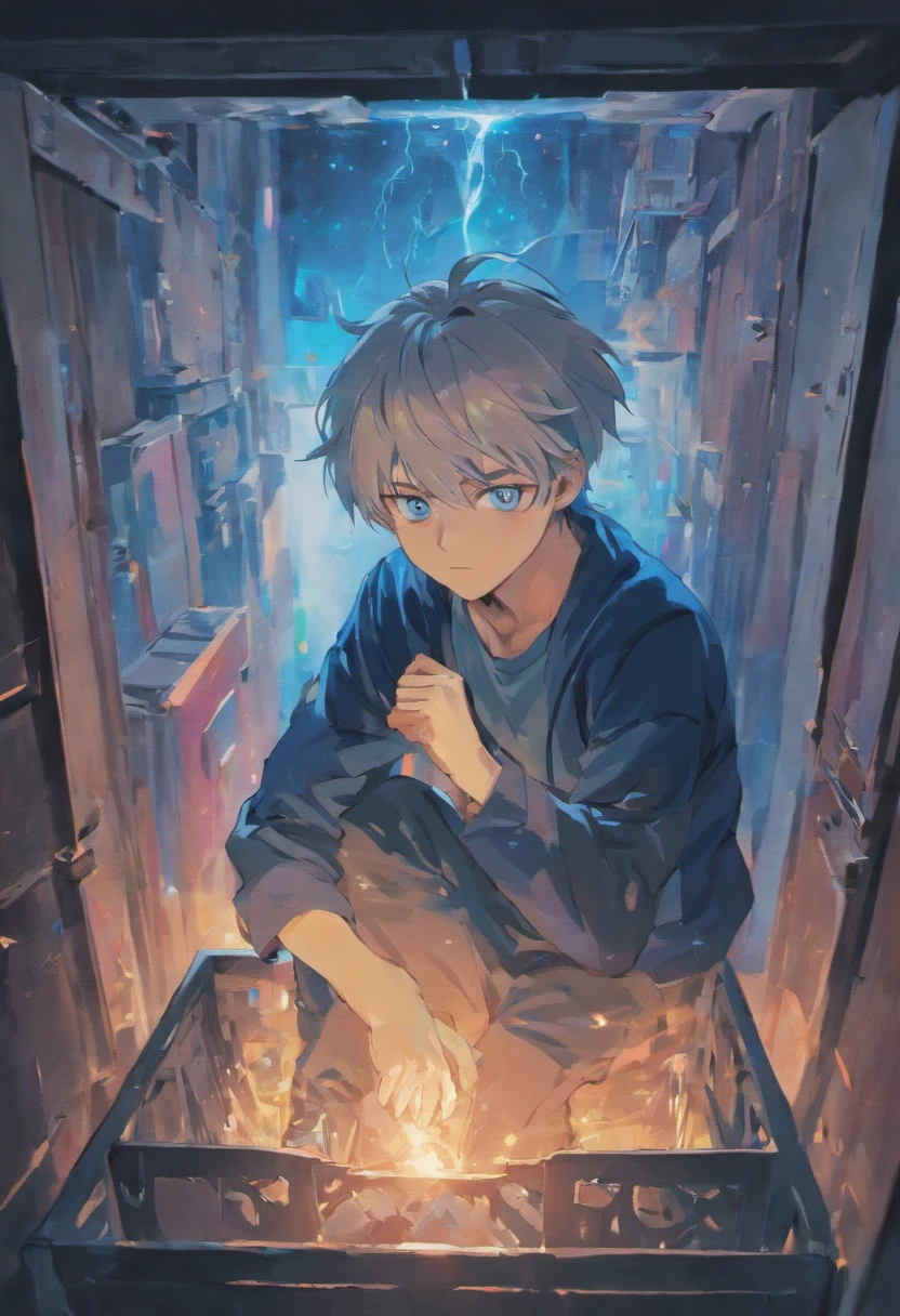 gojo satoru sitting inside of a box, 1 person, blue eyes, highres, ultrasharp, 8K, masterpiece, mysterious atmosphere, anime style
