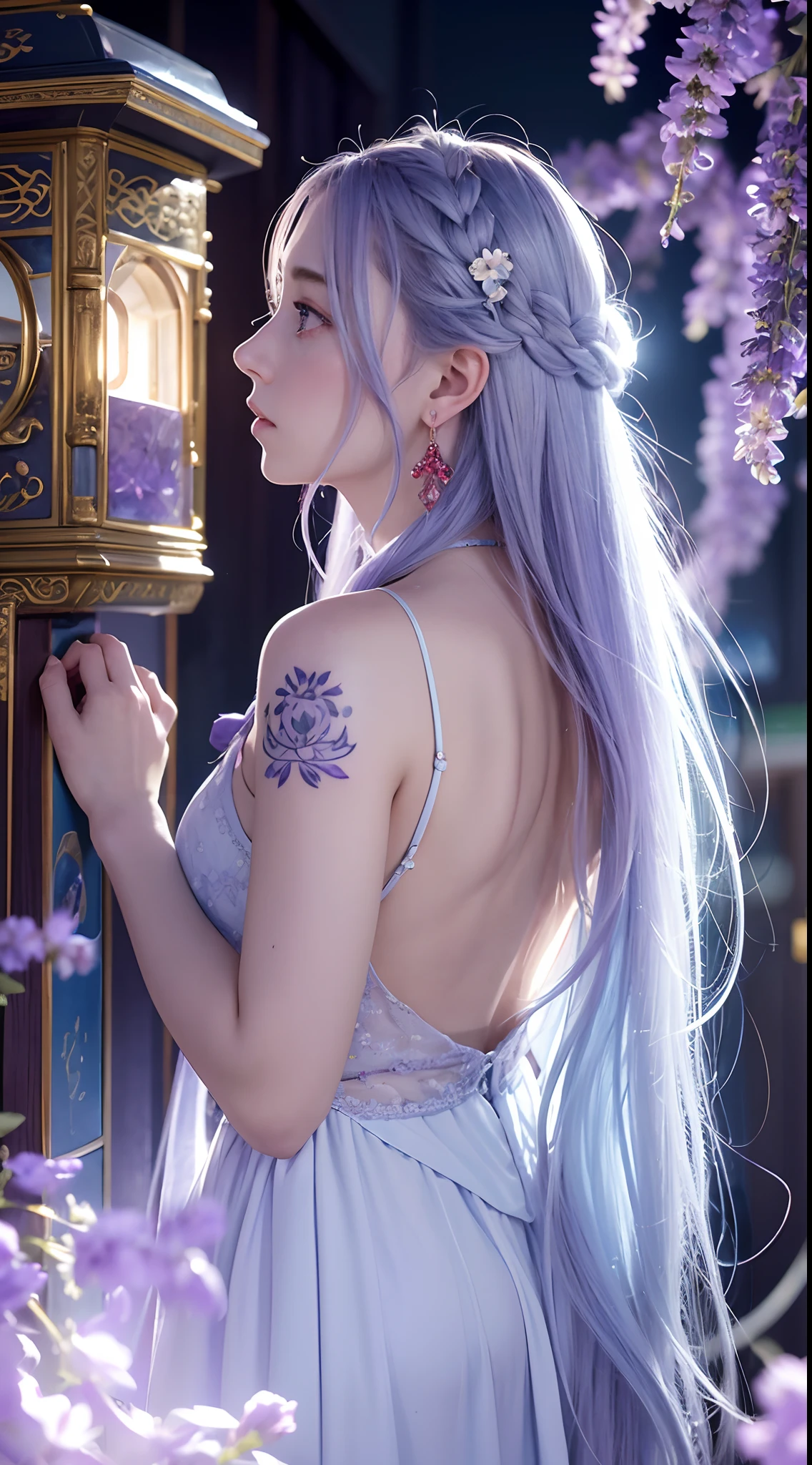 Long lavender hair,bell,pale blue color eyes,Red floral tattoo,Crystal earrings,Quidom,(surrealism:1.1),(Cinematic lighting:1.05),(reflective light:1.1),(Letterbox format:1.15),(profile:1.05),(From behind:1.1),超高分辨率,Masterpiece:1.2,Highly detailed