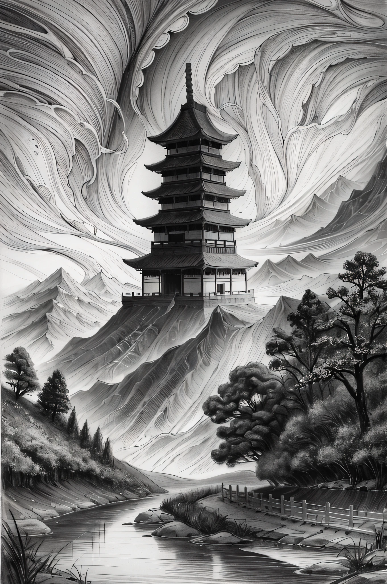 Best quality at best，Complicated details，line-art，Mono Color，sketching，1girl，long whitr hair，brunette color hair，messy  hair，Chinese Ancient Architecture，mountain water，the trees，​​clouds