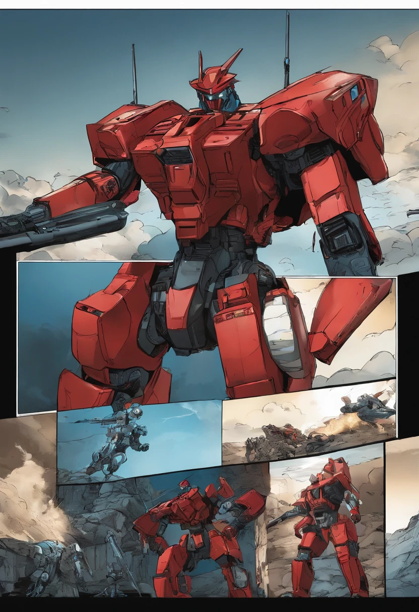 Comic storyboard ,Four screens,Content continuum,The picture is in the Japanese manga combat style,red color mecha,Blue Monster